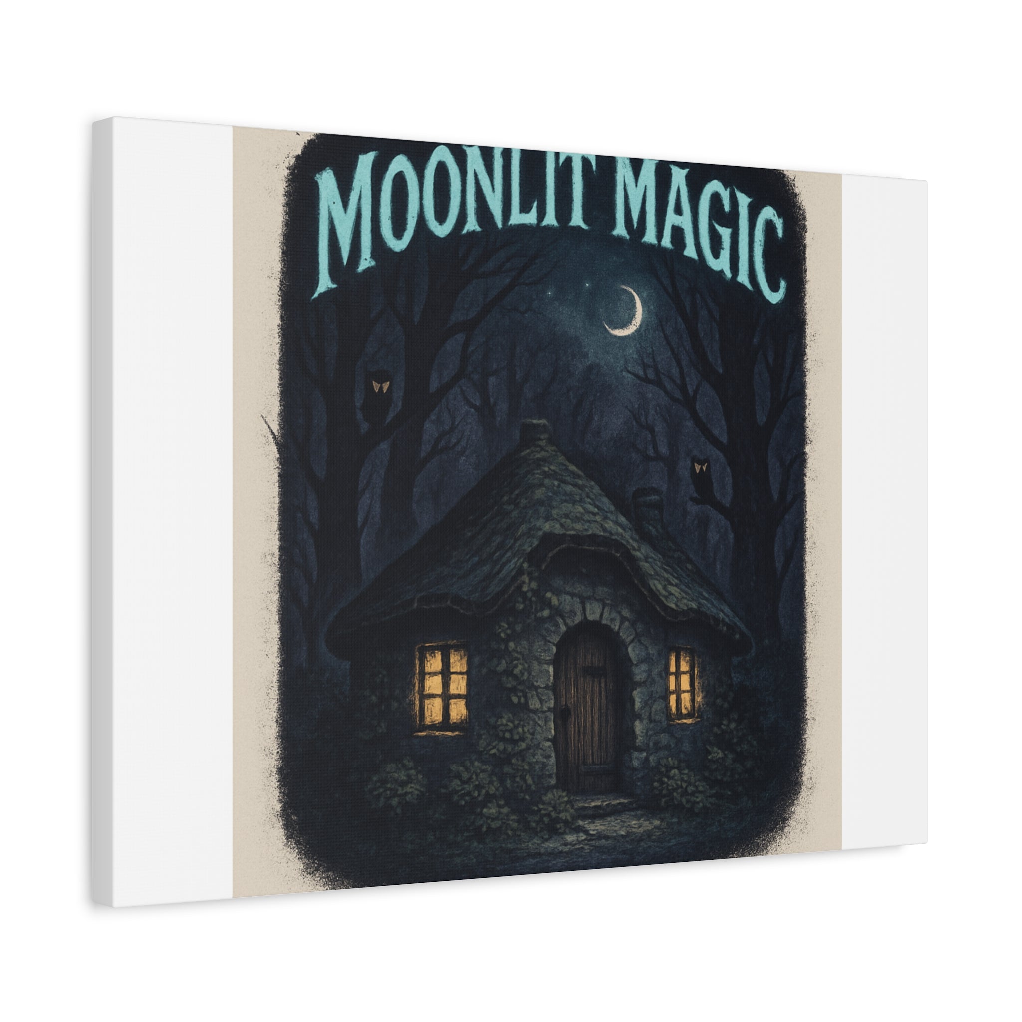 Moonlit Magic Canvas Wall Art — Cozy Cottage Night Illustration