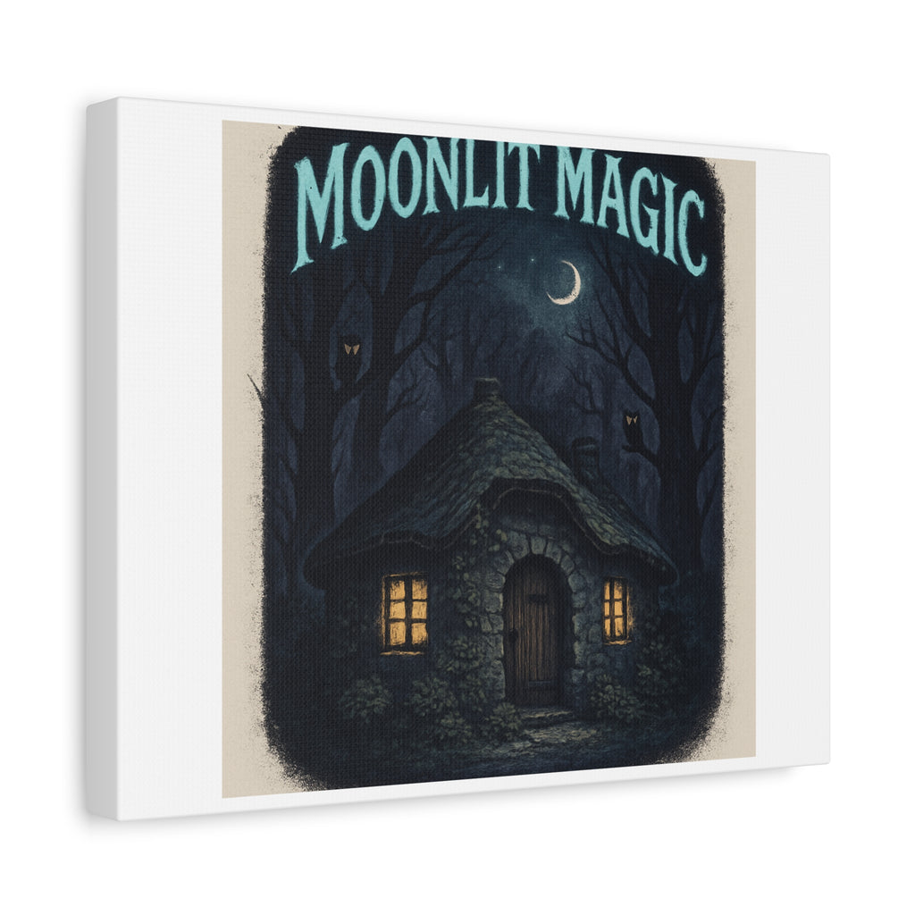 Moonlit Magic Canvas Wall Art — Cozy Cottage Night Illustration