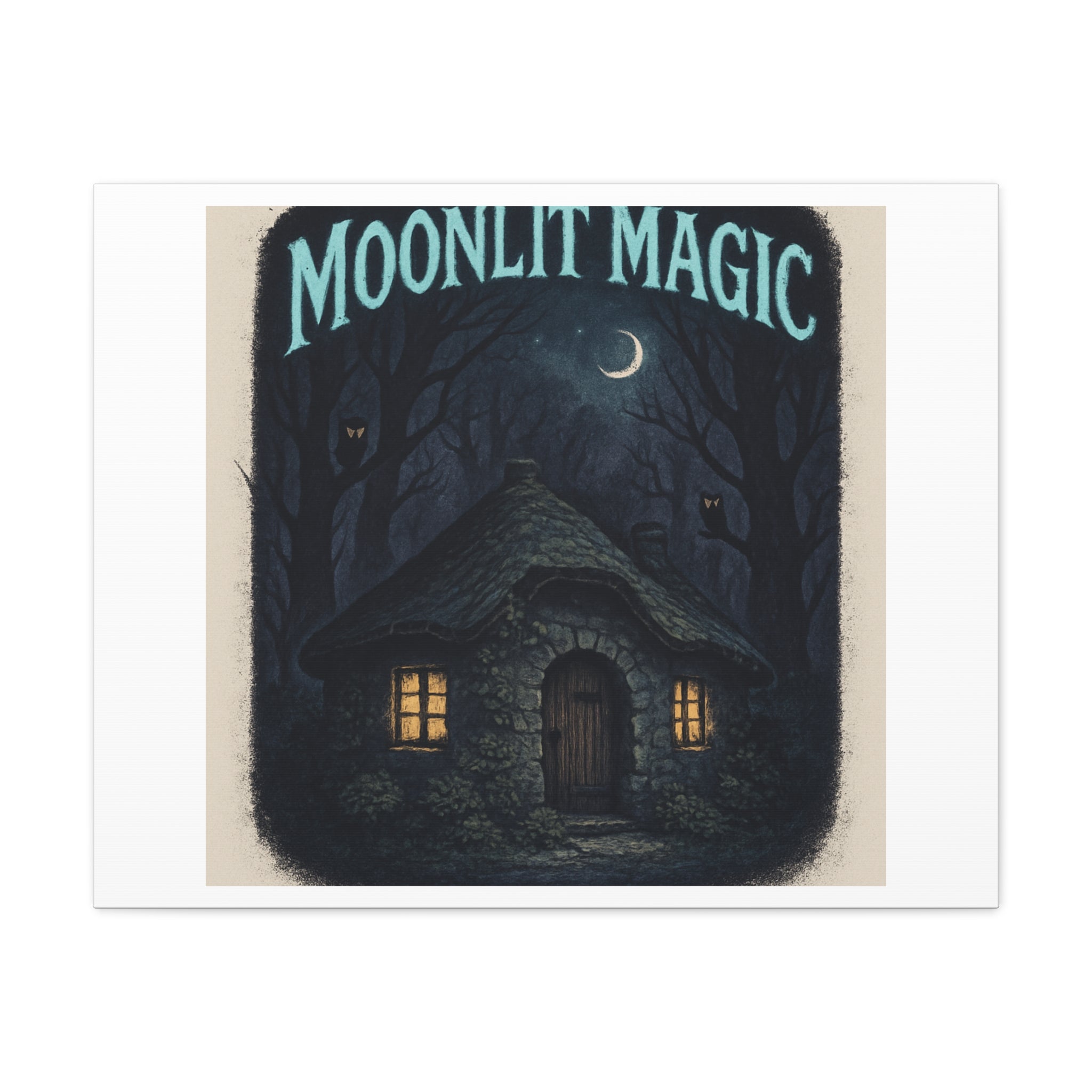 Moonlit Magic Canvas Wall Art — Cozy Cottage Night Illustration