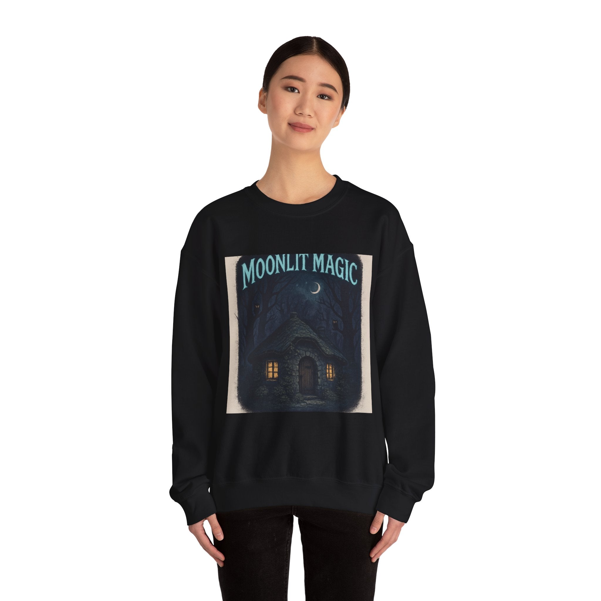 Moonlit Magic Crewneck Sweatshirt — Cozy Nighttime Cottage Graphic