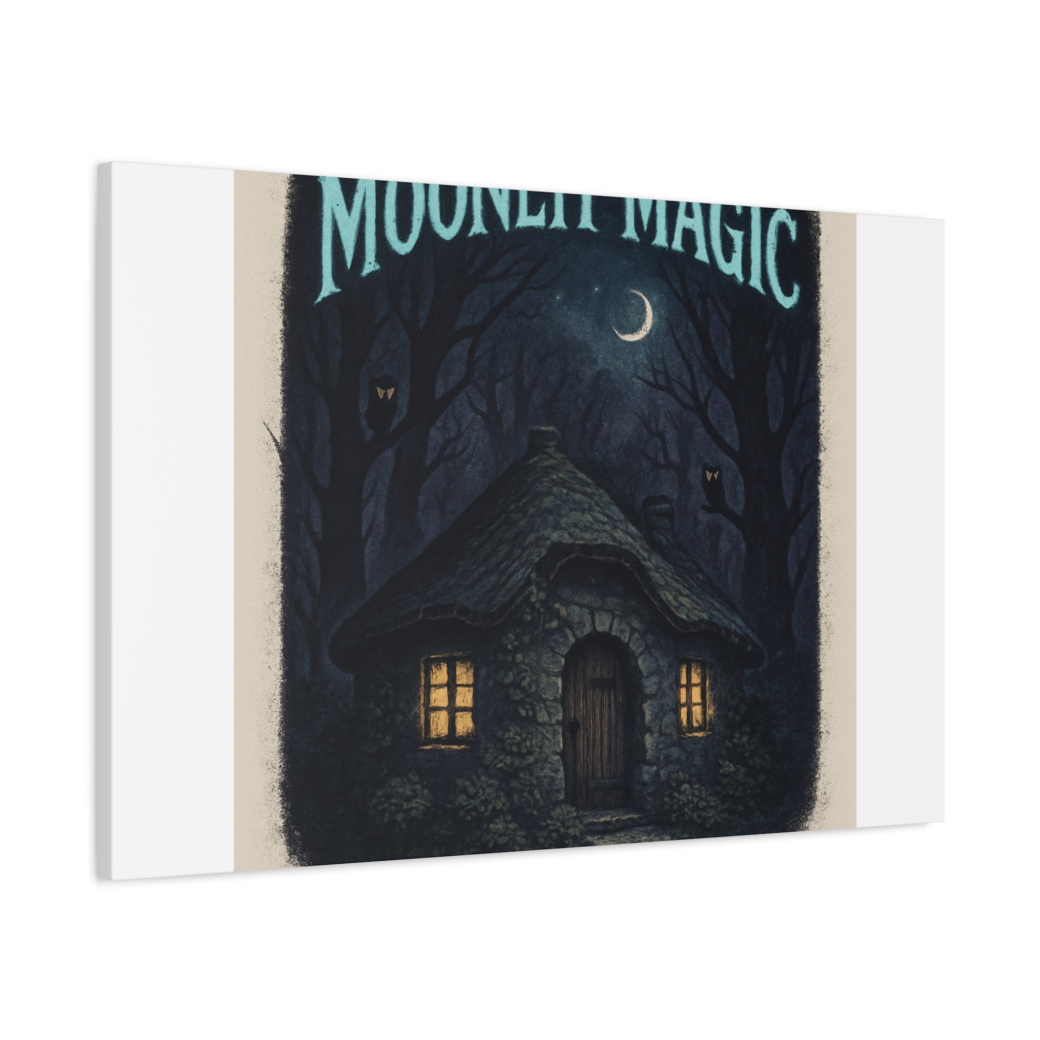 Moonlit Magic Canvas Wall Art — Cozy Cottage Night Illustration