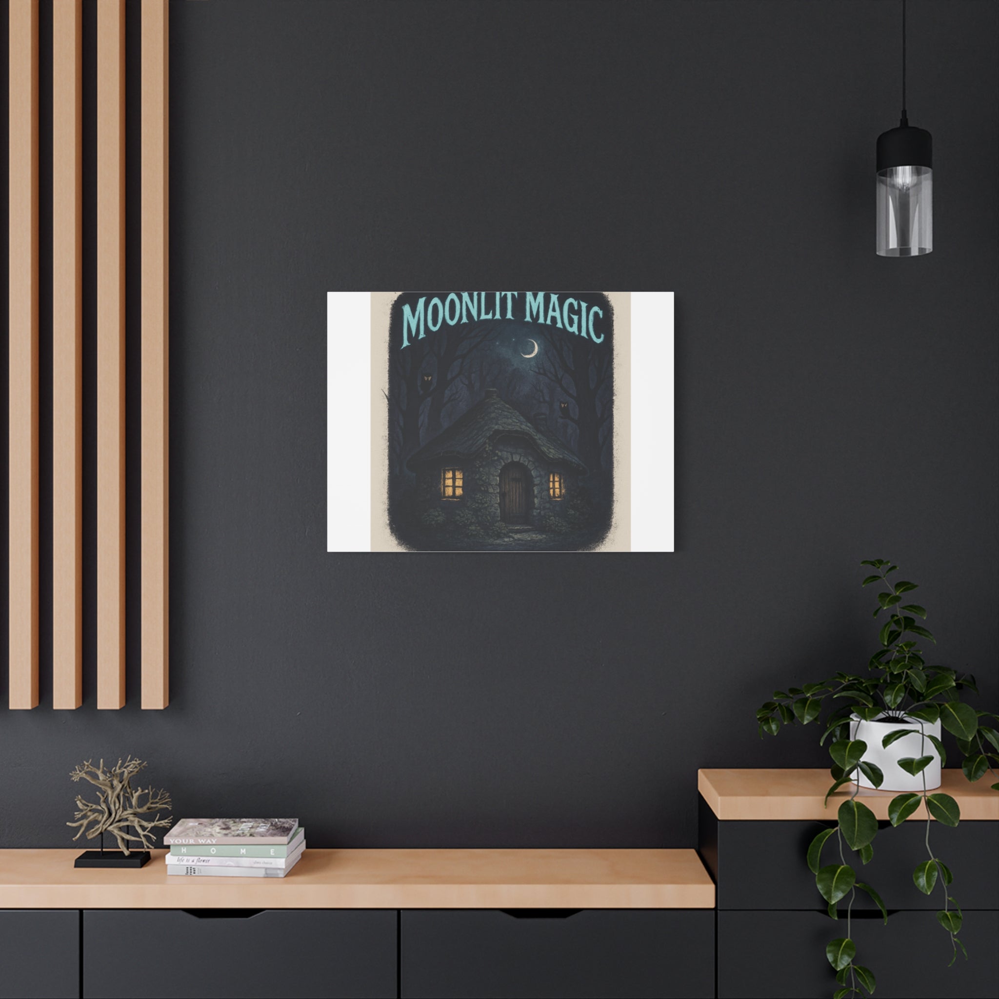 Moonlit Magic Canvas Wall Art — Cozy Cottage Night Illustration