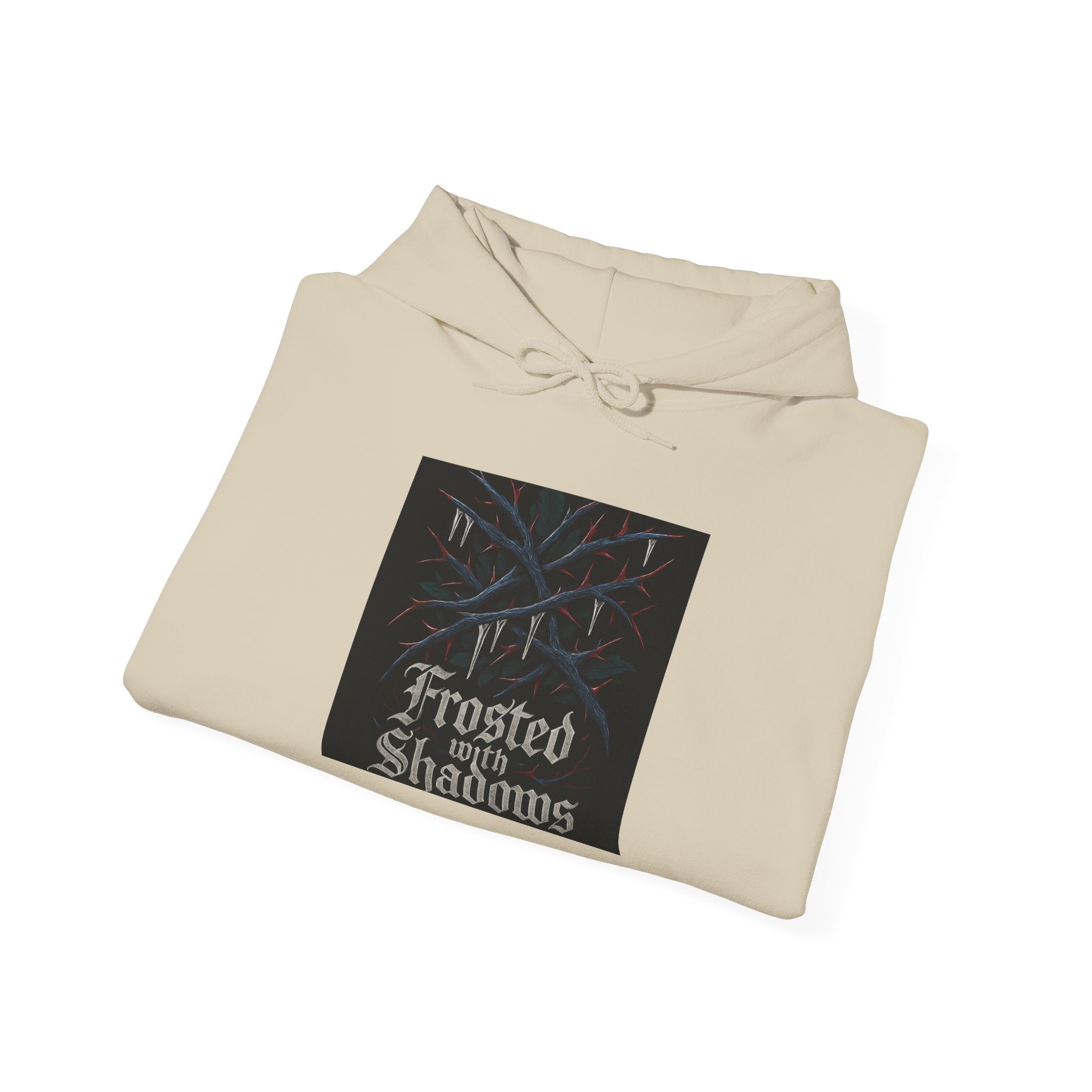 Frosted Shadows Hoodie — Gothic Winter Graphic Hooded Sweatshirt