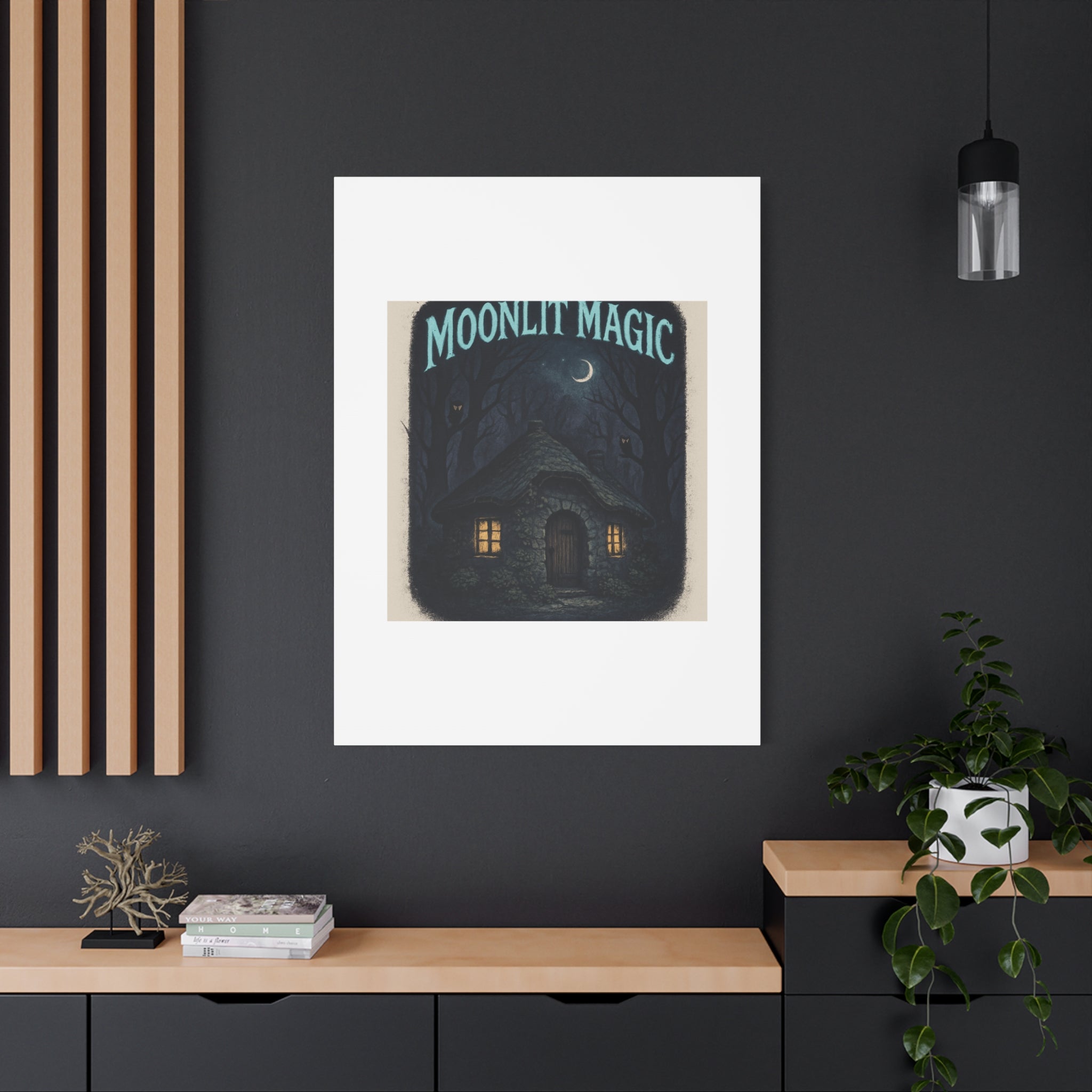 Moonlit Magic Canvas Wall Art — Cozy Cottage Night Illustration