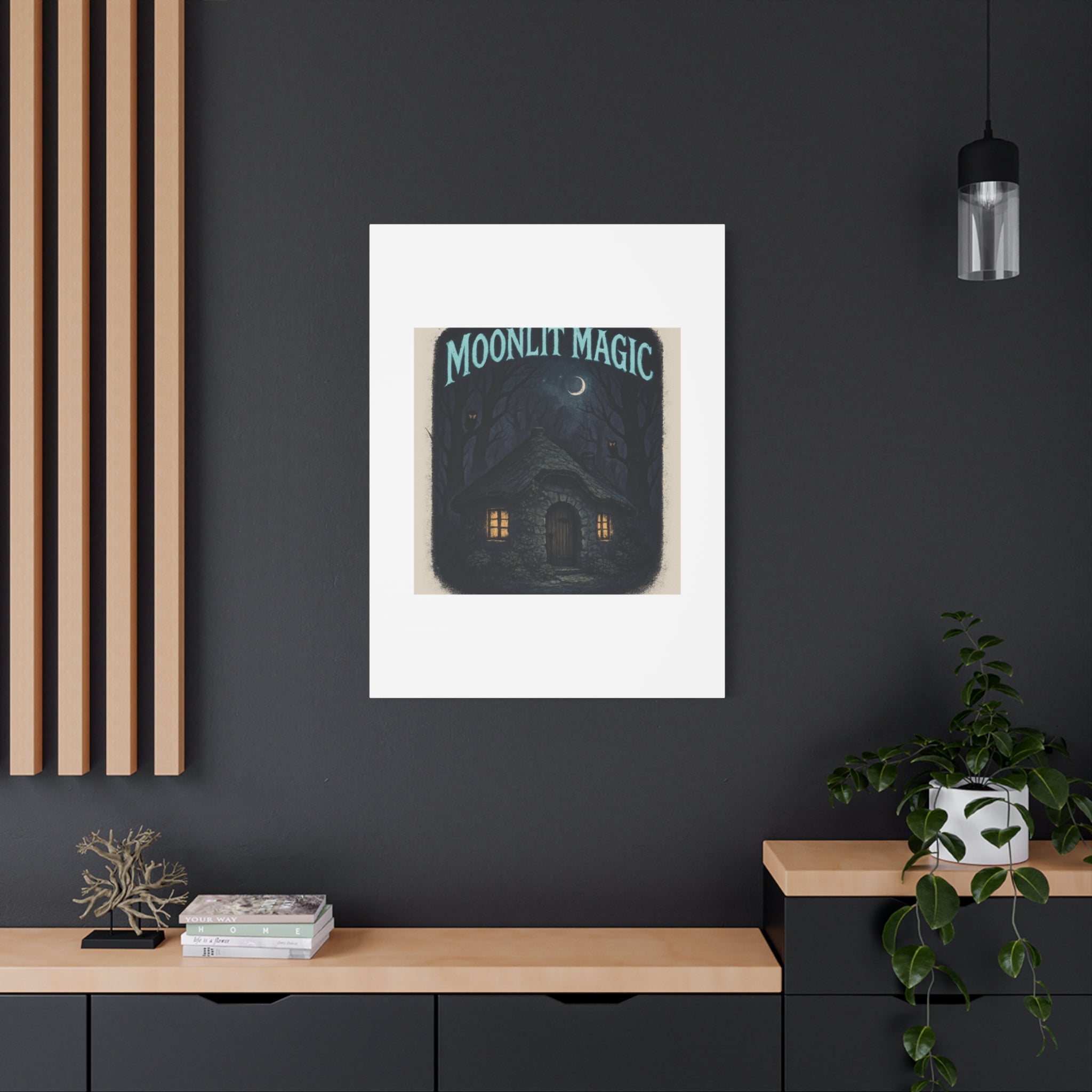 Moonlit Magic Canvas Wall Art — Cozy Cottage Night Illustration