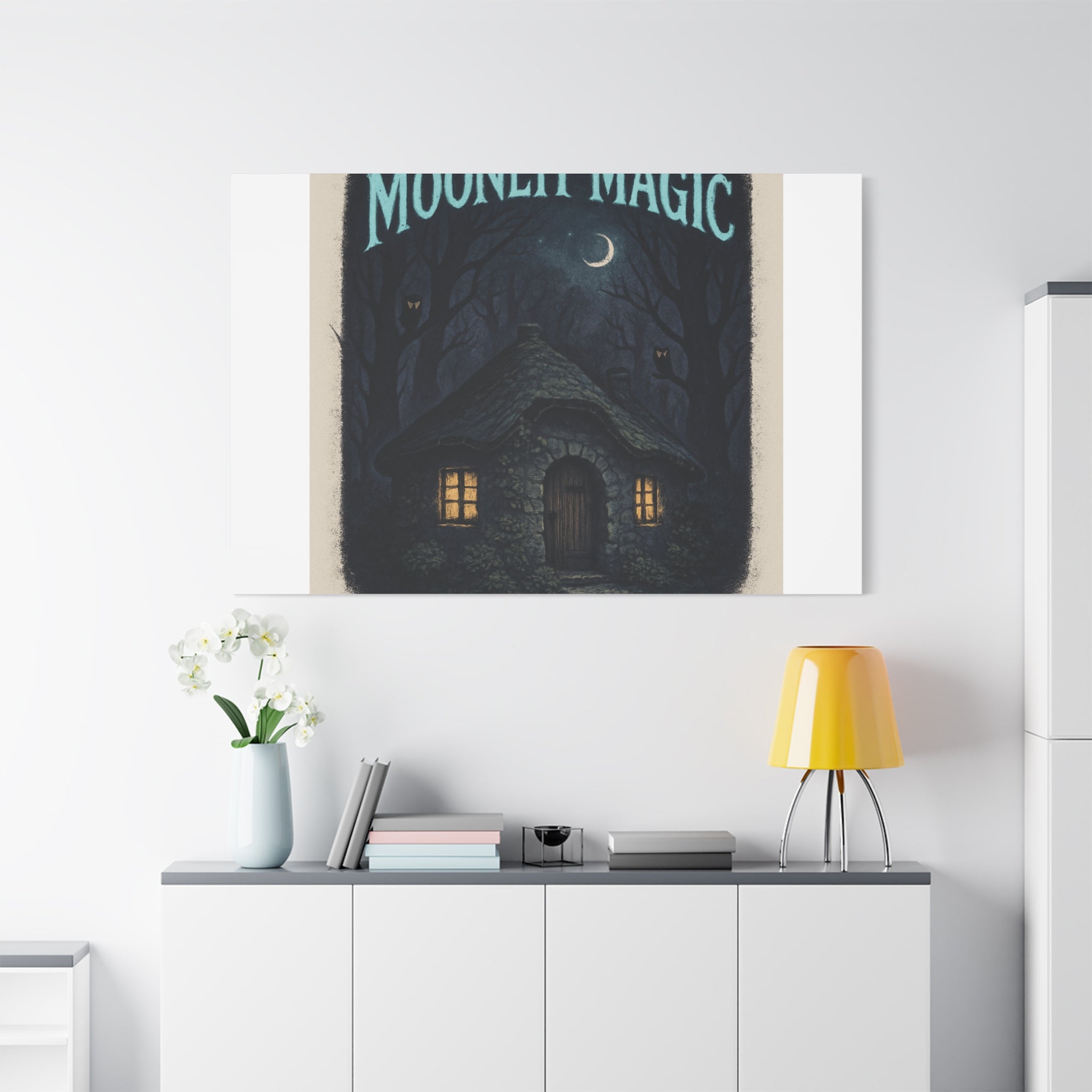 Moonlit Magic Canvas Wall Art — Cozy Cottage Night Illustration