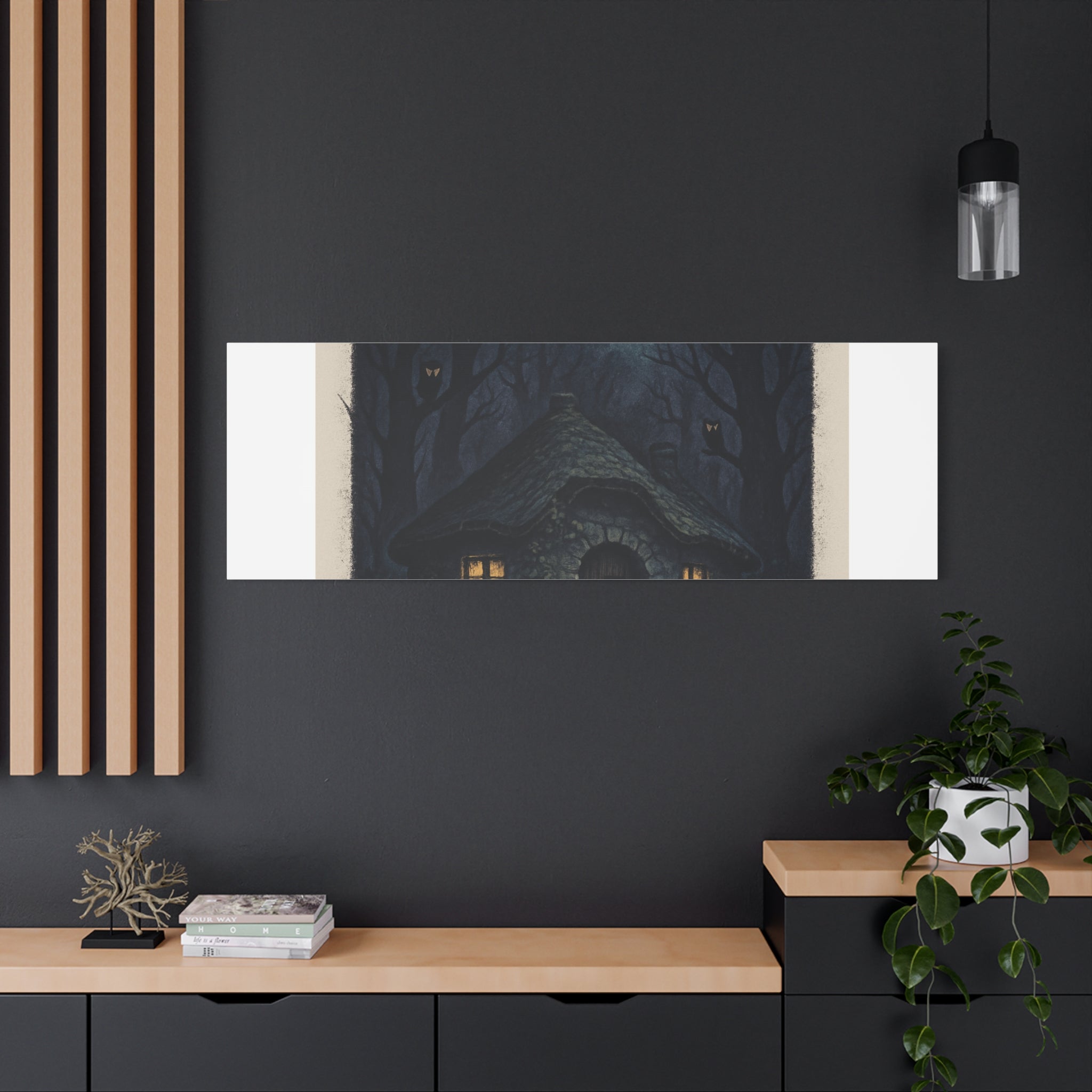 Moonlit Magic Canvas Wall Art — Cozy Cottage Night Illustration