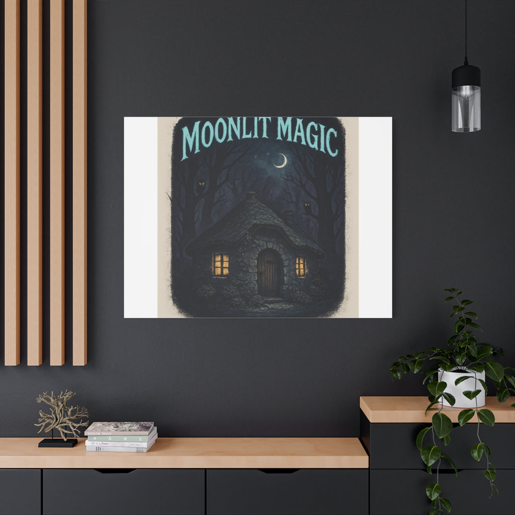 Moonlit Magic Canvas Wall Art — Cozy Cottage Night Illustration