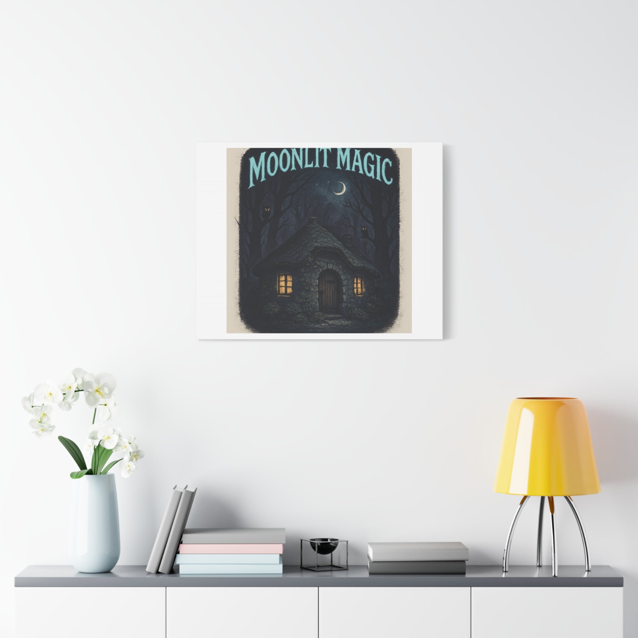 Moonlit Magic Canvas Wall Art — Cozy Cottage Night Illustration