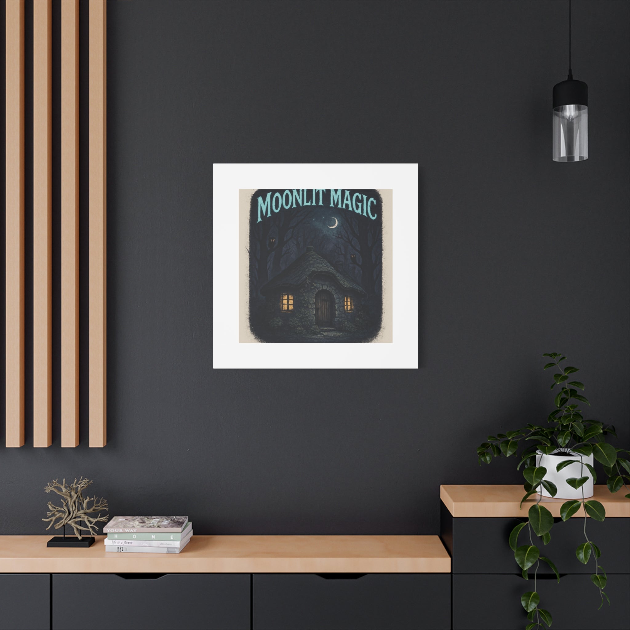 Moonlit Magic Canvas Wall Art — Cozy Cottage Night Illustration