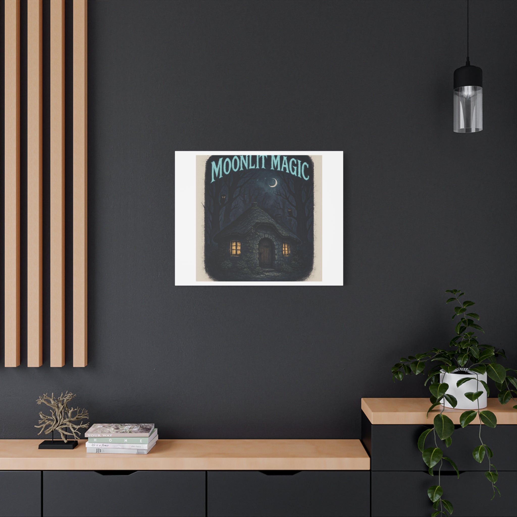 Moonlit Magic Canvas Wall Art — Cozy Cottage Night Illustration