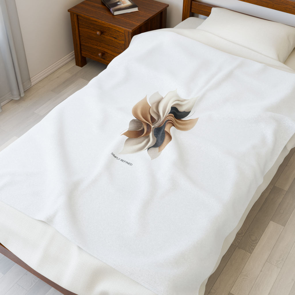 Neutral Abstract Floral Plush Blanket | Quiet Luxury, Minimal Embroidery