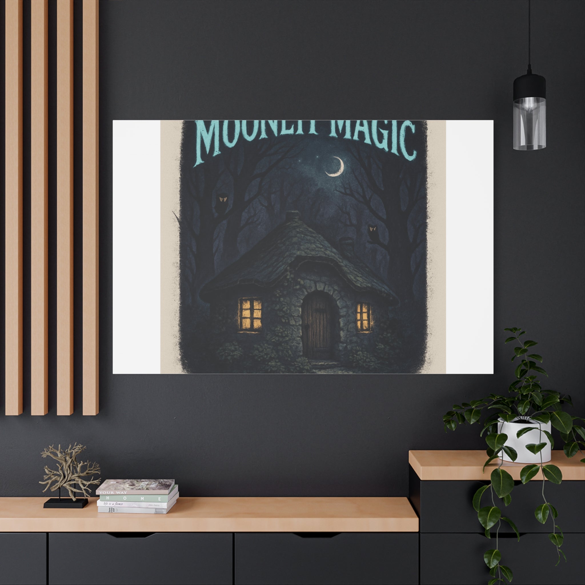 Moonlit Magic Canvas Wall Art — Cozy Cottage Night Illustration