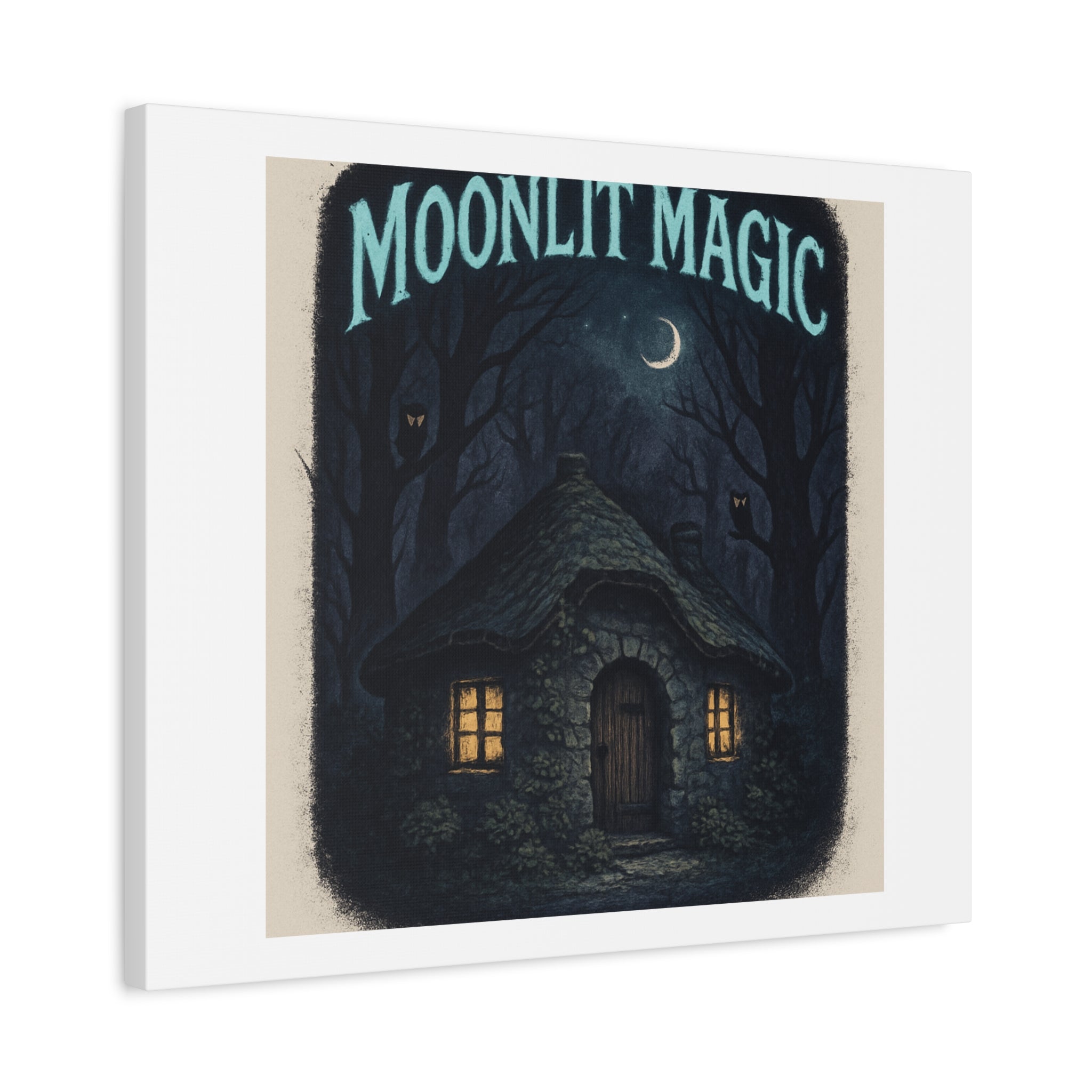 Moonlit Magic Canvas Wall Art — Cozy Cottage Night Illustration