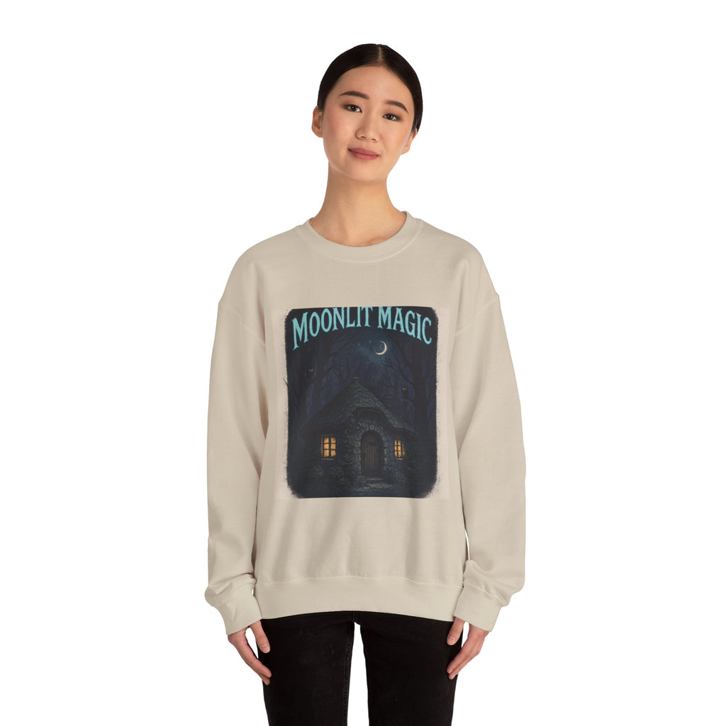 Moonlit Magic Crewneck Sweatshirt — Cozy Nighttime Cottage Graphic