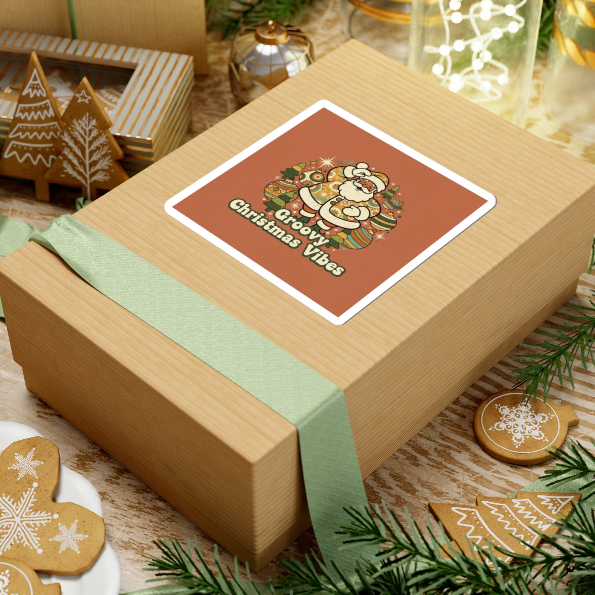Groovy Christmas Vibes Kiss-Cut Sticker | 1970s Retro Holiday, Vintage Noel