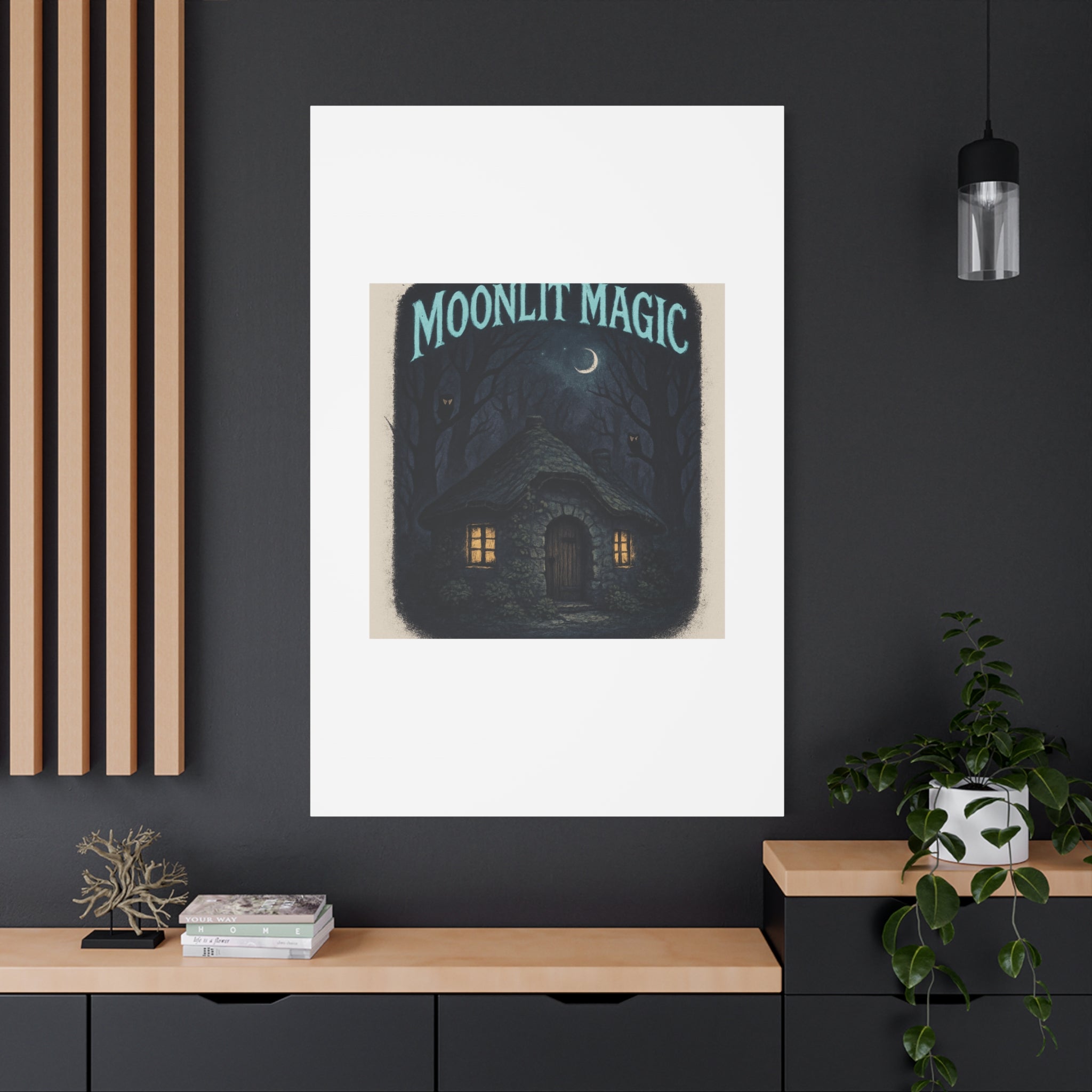 Moonlit Magic Canvas Wall Art — Cozy Cottage Night Illustration