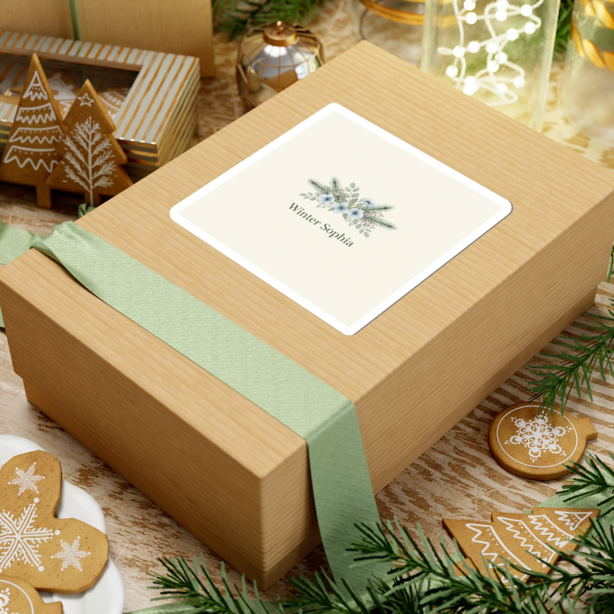 Minimal Winter Floral Sticker | Pine Branch Wreath, Delicate Botanical