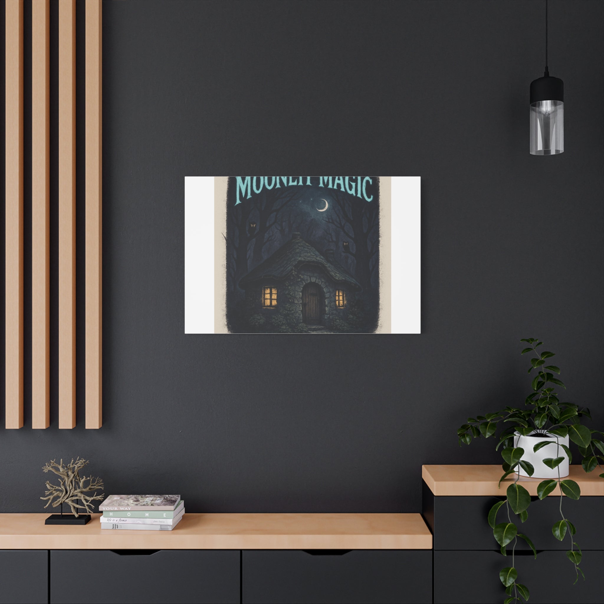 Moonlit Magic Canvas Wall Art — Cozy Cottage Night Illustration