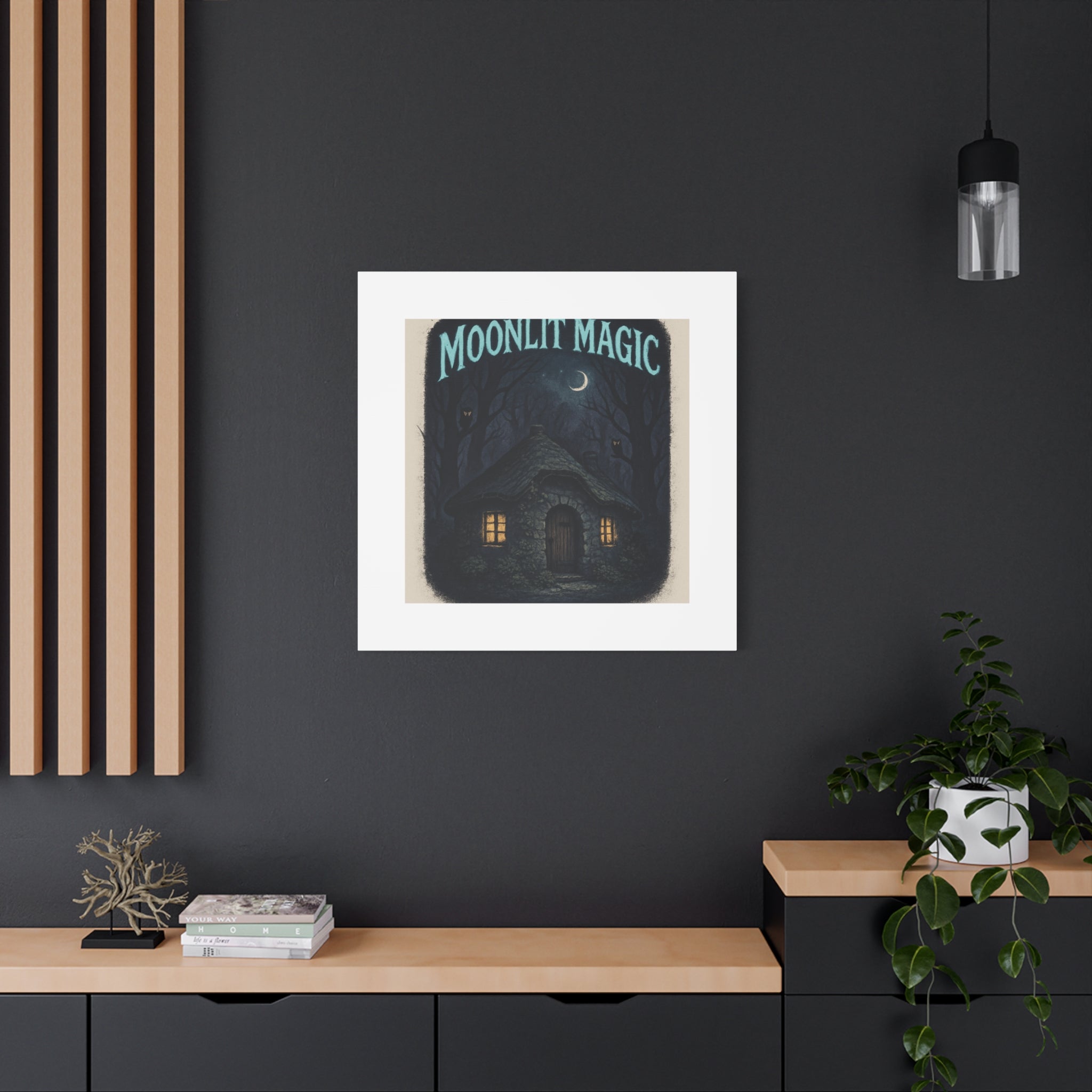 Moonlit Magic Canvas Wall Art — Cozy Cottage Night Illustration