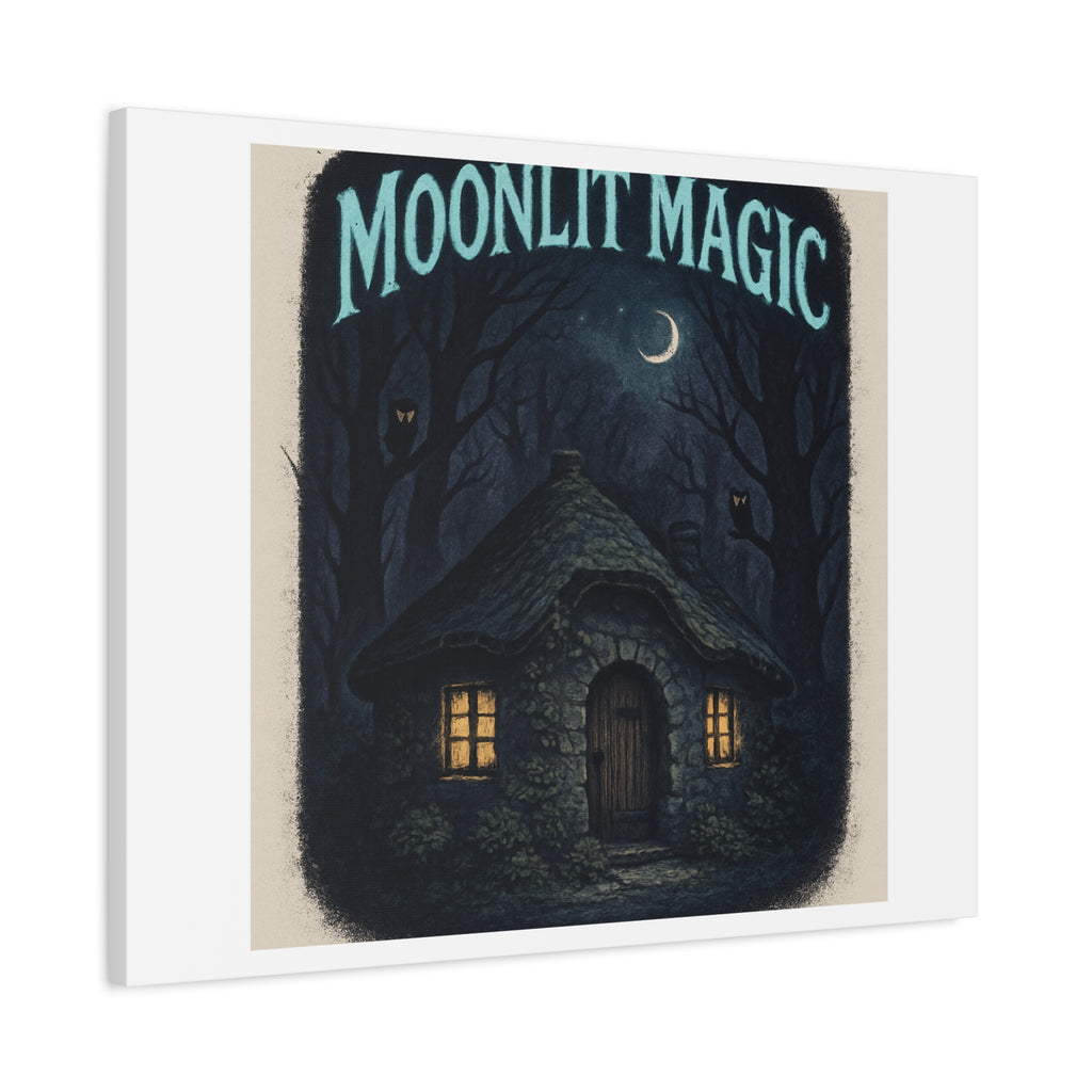 Moonlit Magic Canvas Wall Art — Cozy Cottage Night Illustration