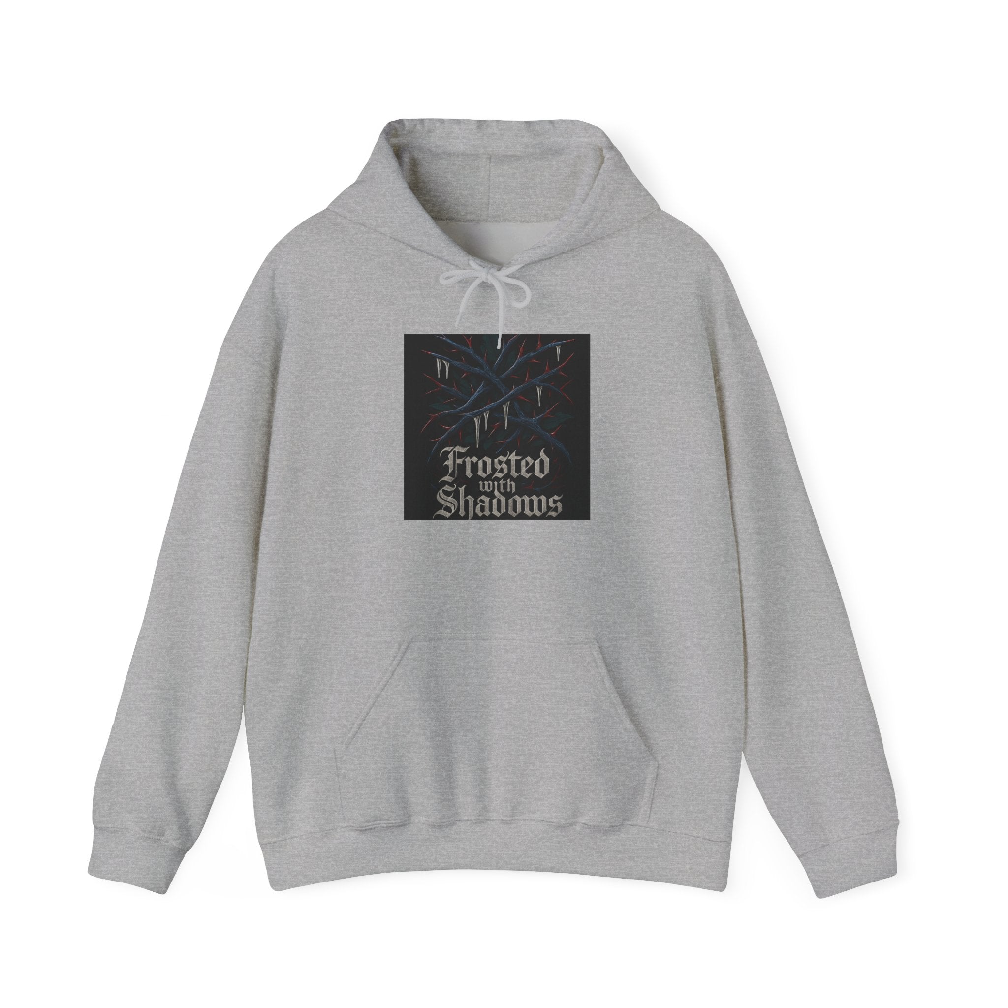 Frosted Shadows Hoodie — Gothic Winter Graphic Hooded Sweatshirt