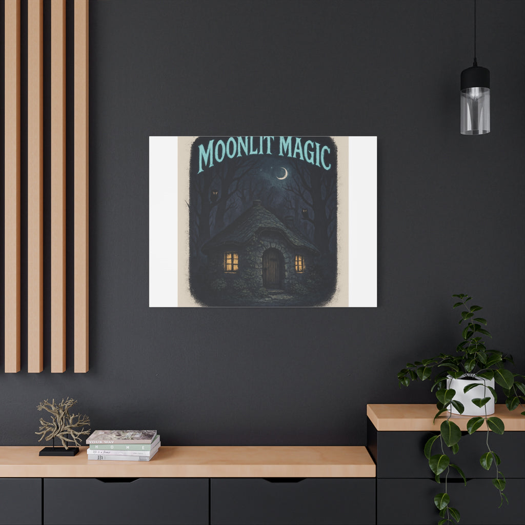 Moonlit Magic Canvas Wall Art — Cozy Cottage Night Illustration