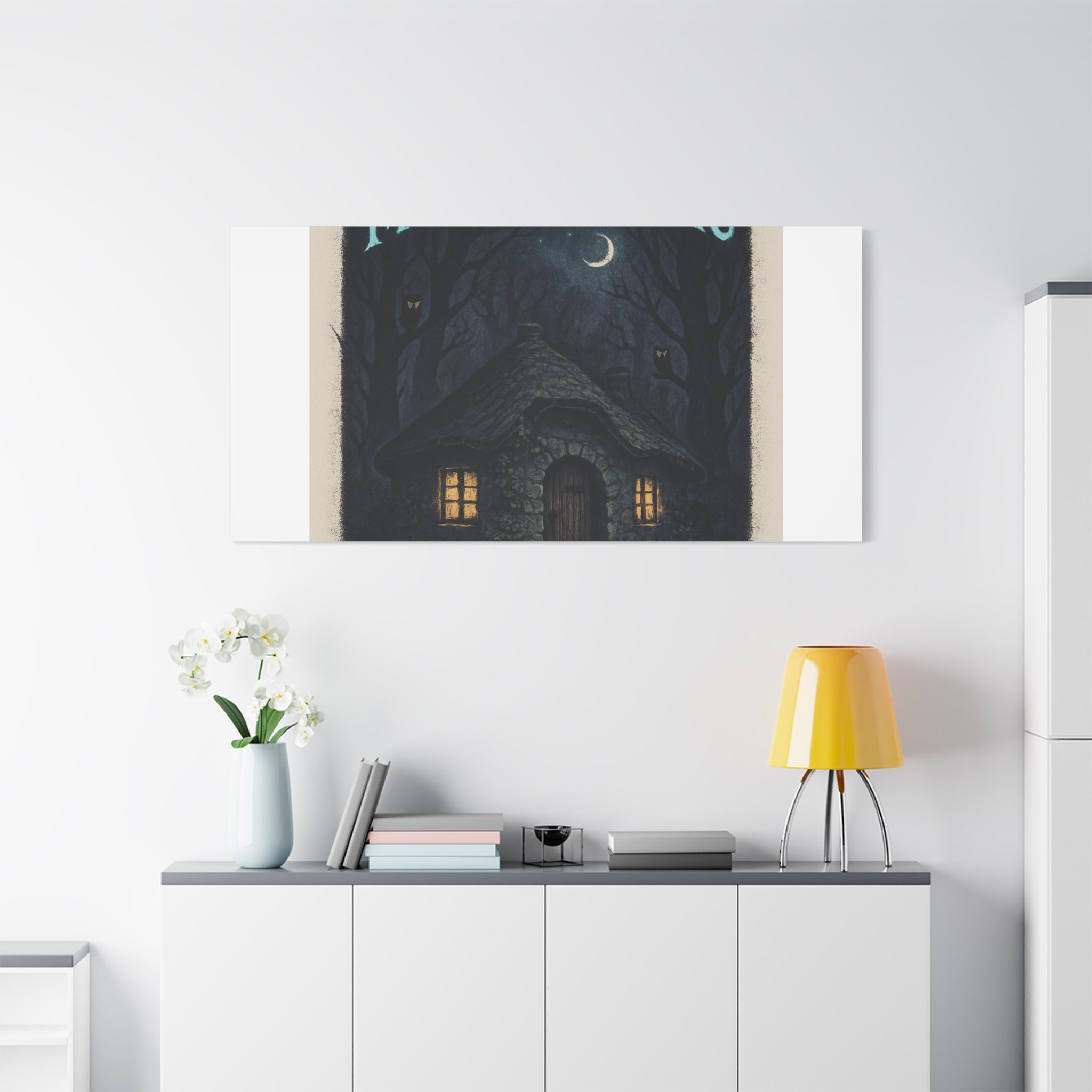 Moonlit Magic Canvas Wall Art — Cozy Cottage Night Illustration