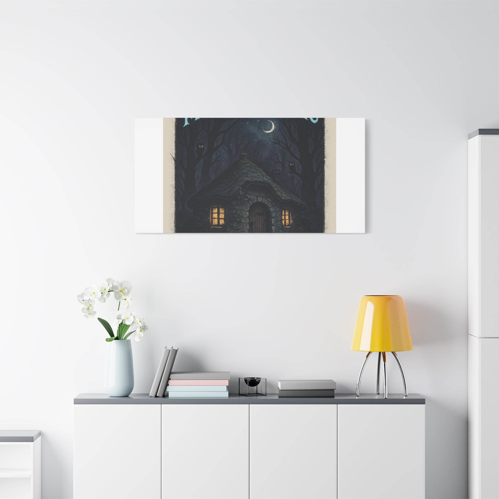 Moonlit Magic Canvas Wall Art — Cozy Cottage Night Illustration