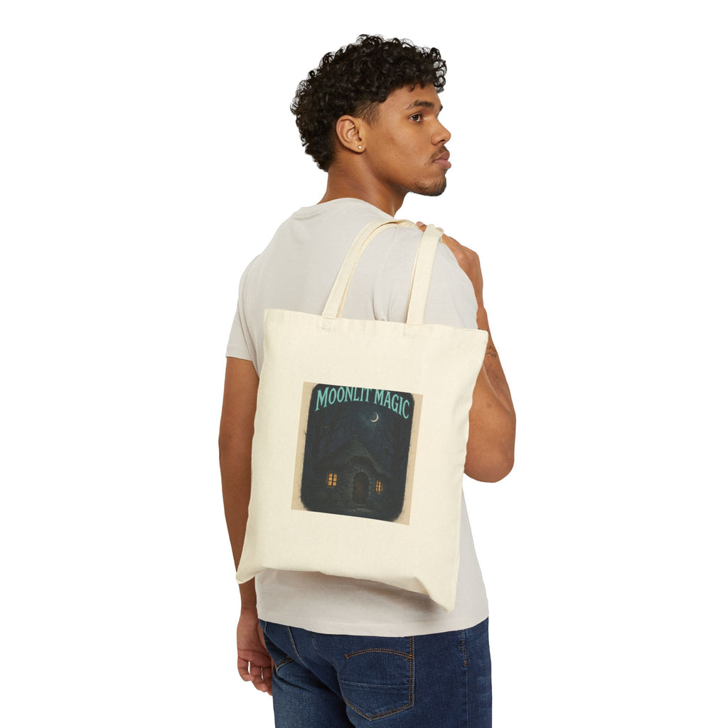 Moonlit Magic Canvas Tote Bag - Cozy Night House Illustration