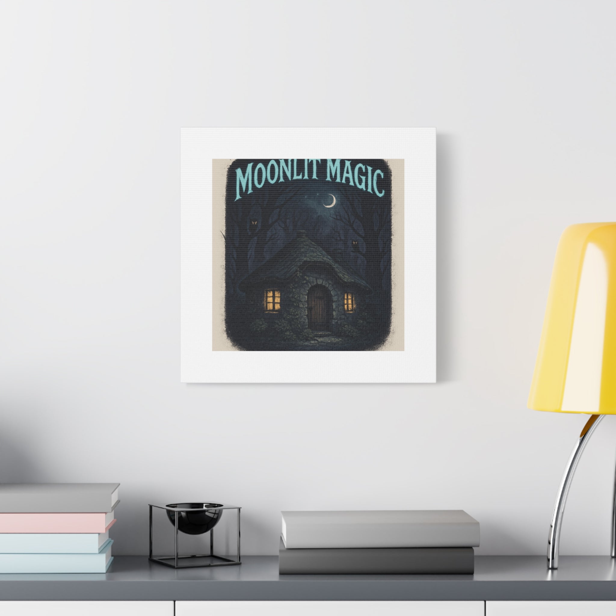 Moonlit Magic Canvas Wall Art — Cozy Cottage Night Illustration