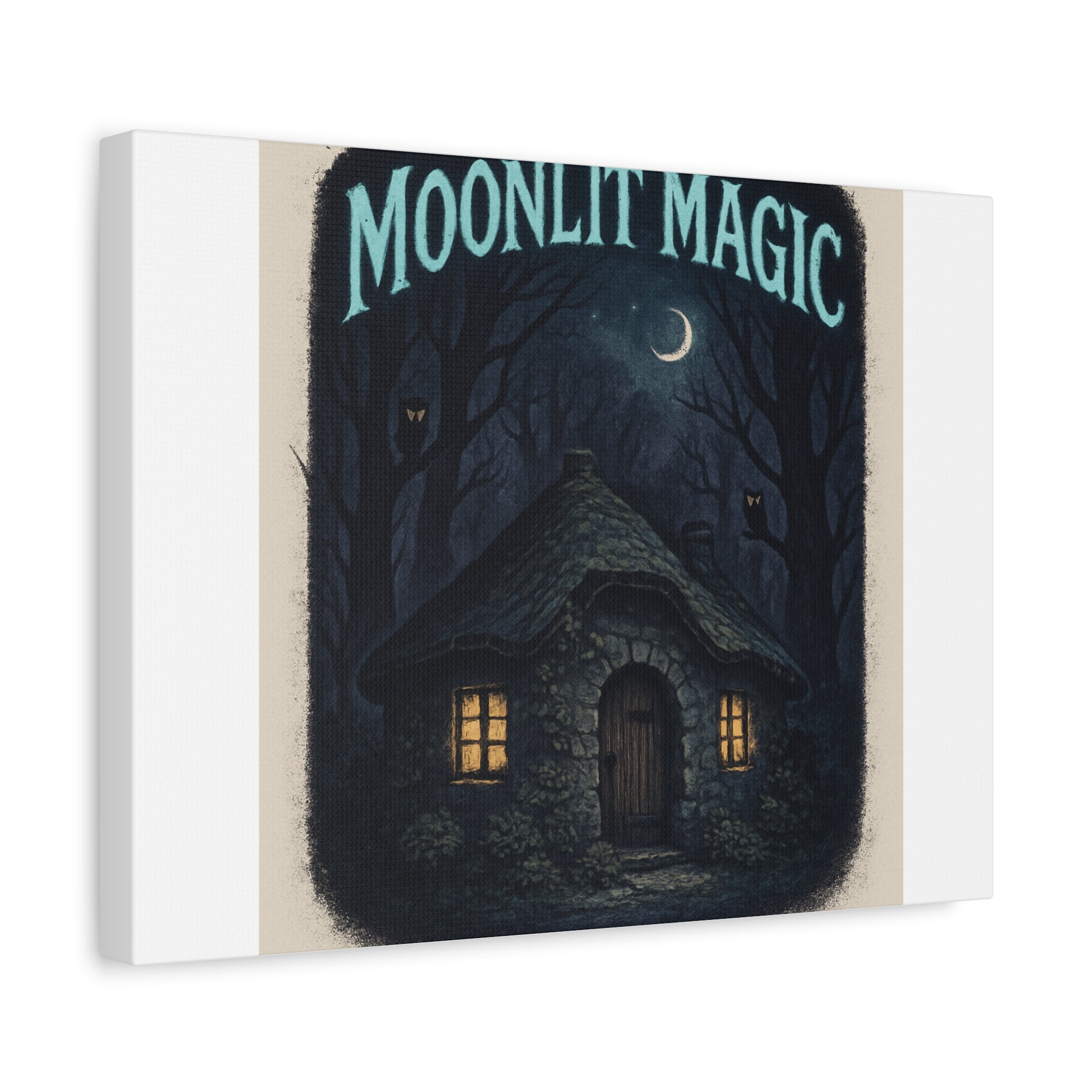 Moonlit Magic Canvas Wall Art — Cozy Cottage Night Illustration