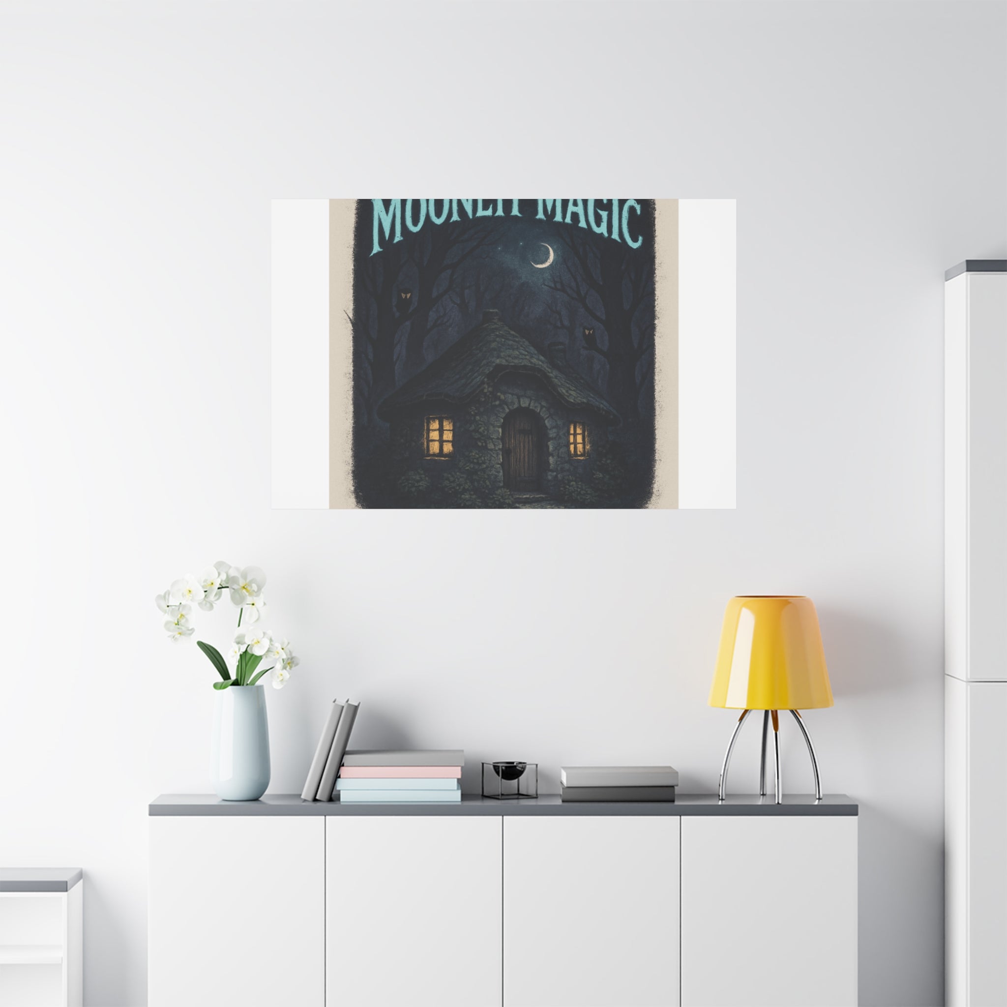 Moonlit Magic Canvas Wall Art — Cozy Cottage Night Illustration