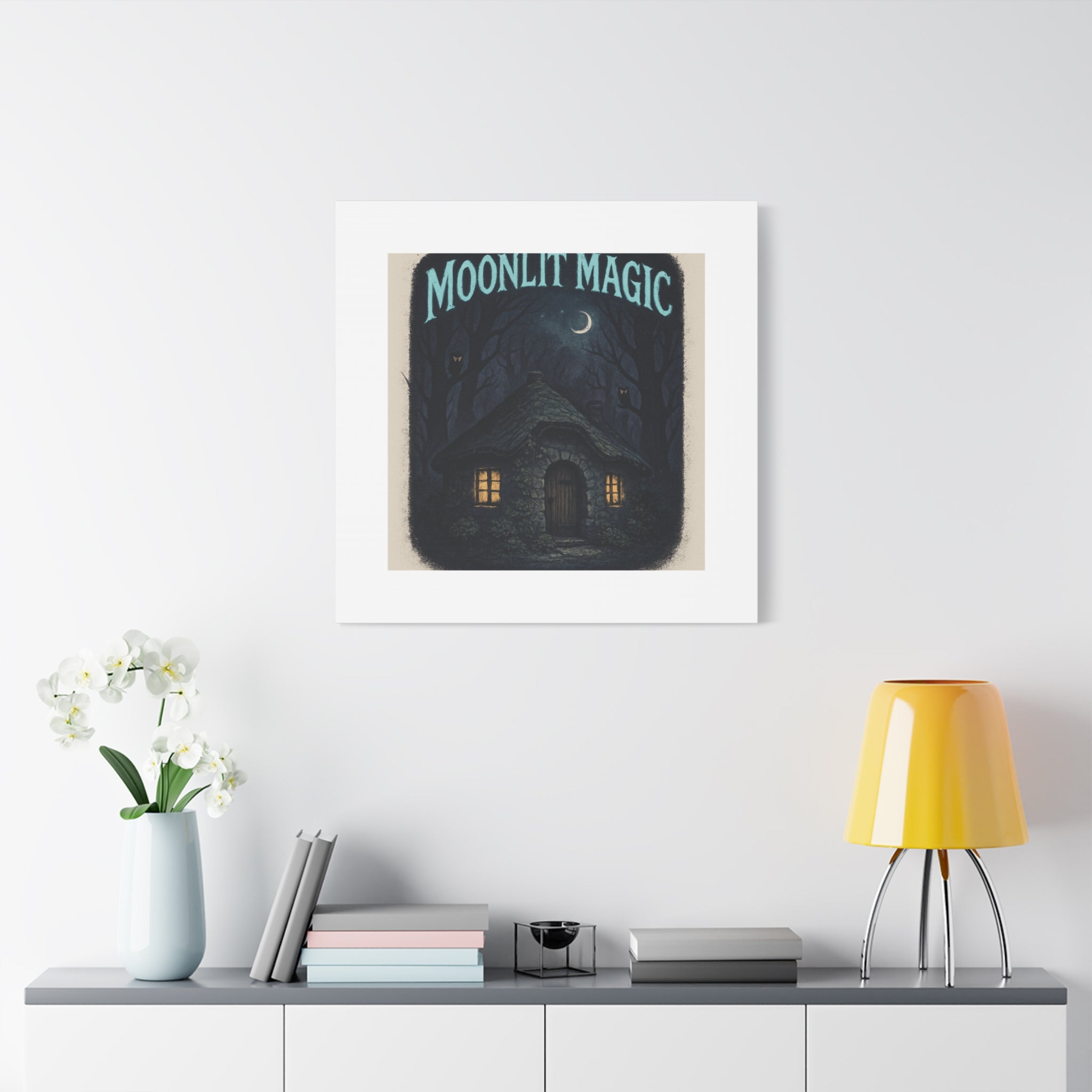 Moonlit Magic Canvas Wall Art — Cozy Cottage Night Illustration