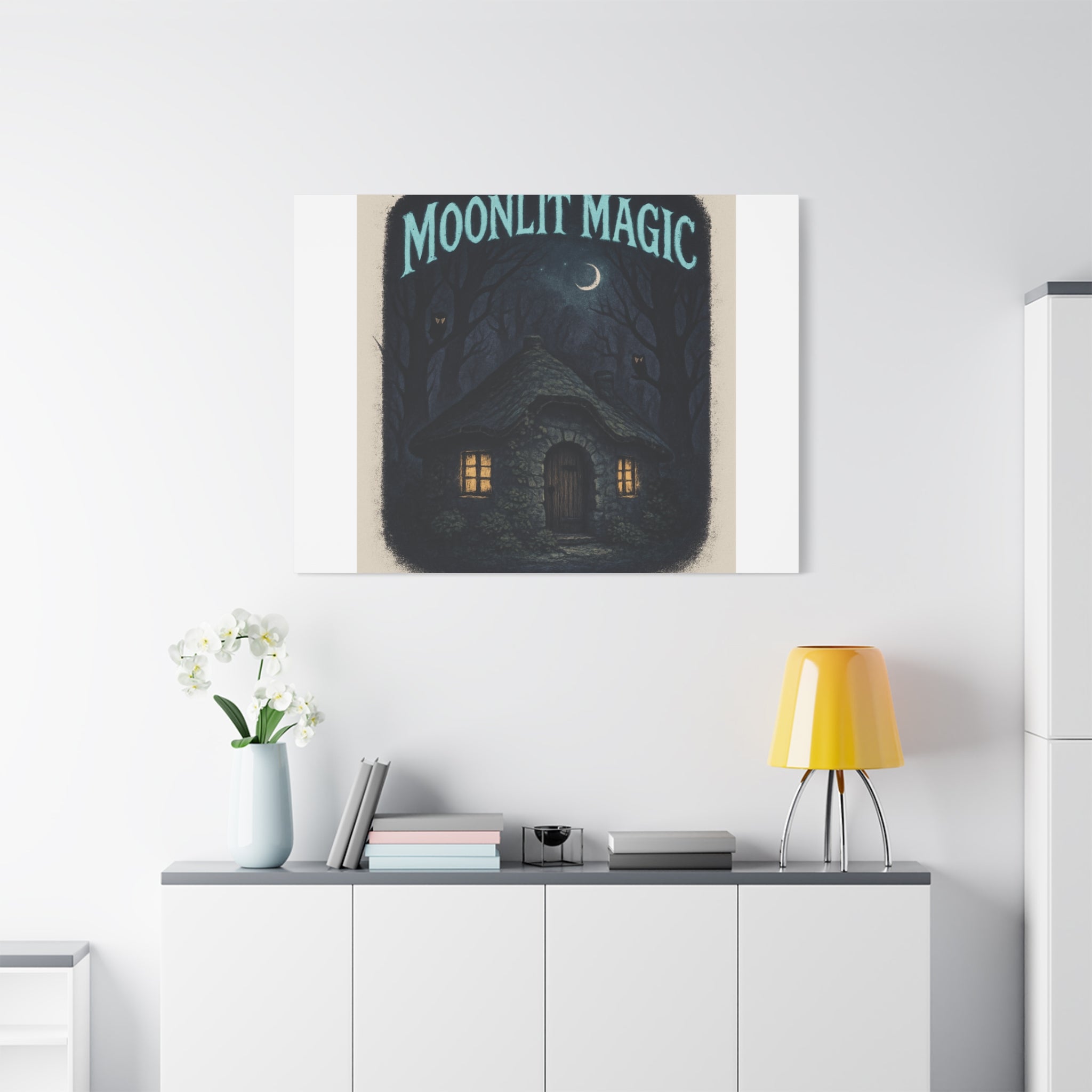 Moonlit Magic Canvas Wall Art — Cozy Cottage Night Illustration