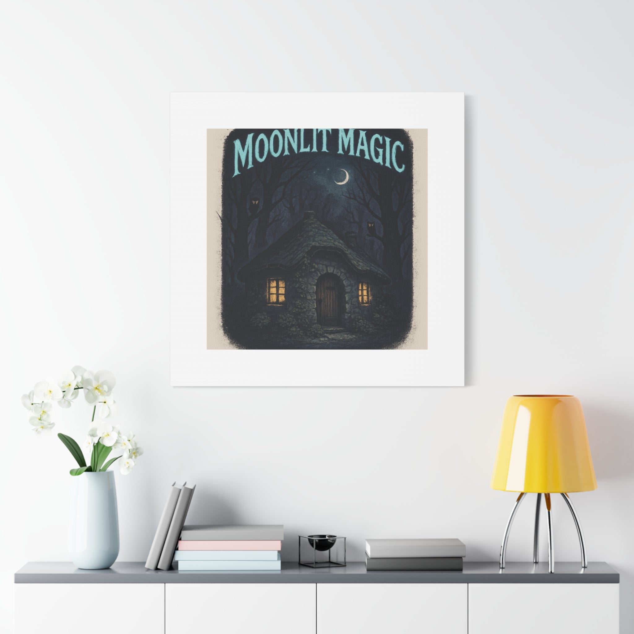 Moonlit Magic Canvas Wall Art — Cozy Cottage Night Illustration