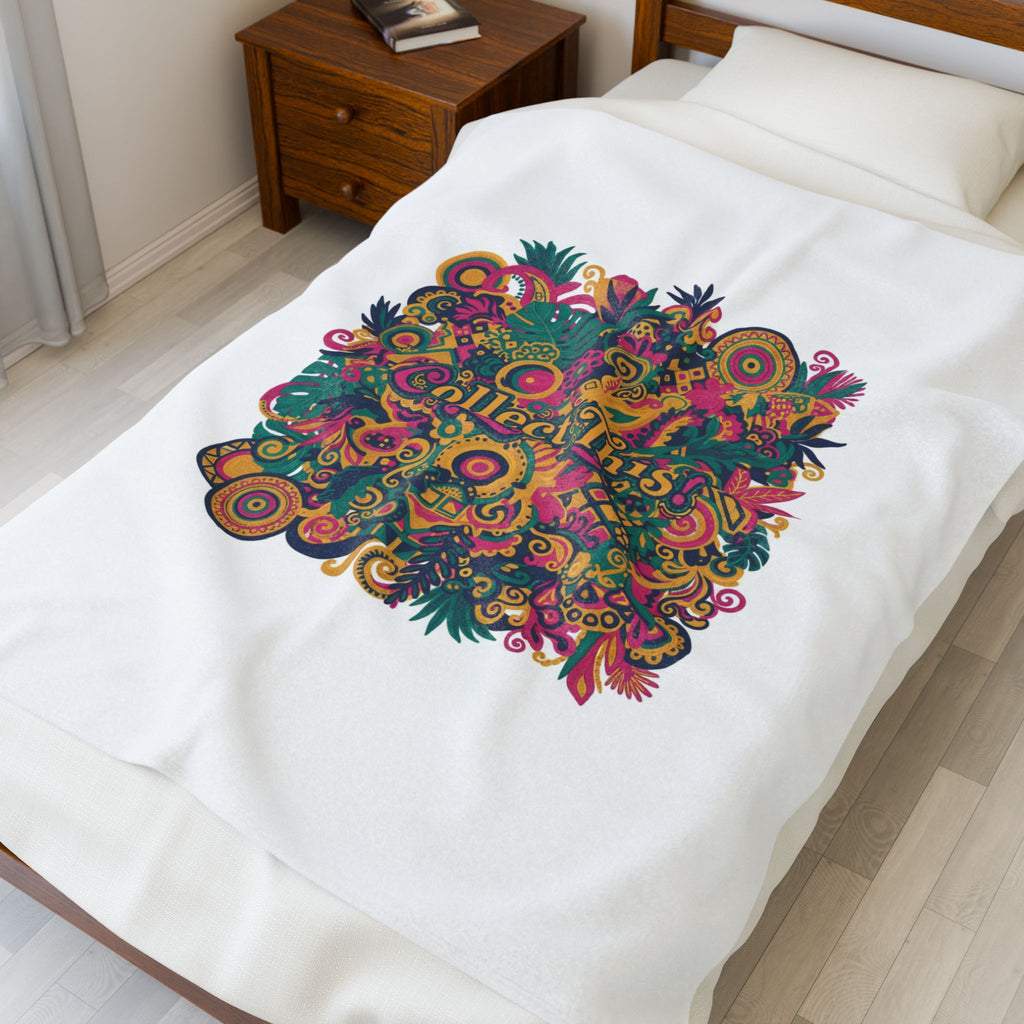 Collect This! Maximalist Floral Collage Velveteen Plush Blanket | bold floral stripes, boho collage print