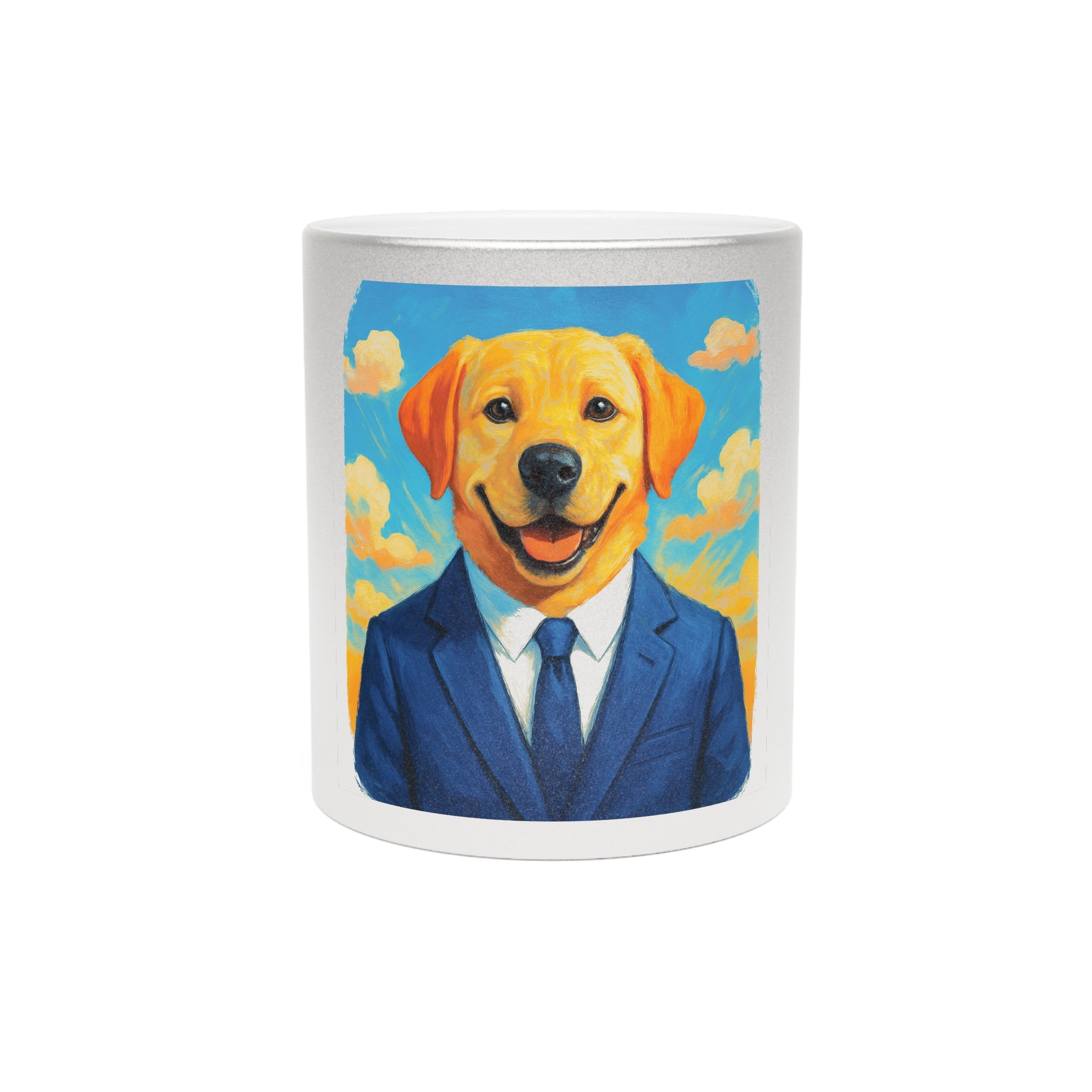 Silver/Gold Metallic Mug — Smiling Dog in Suit Portrait