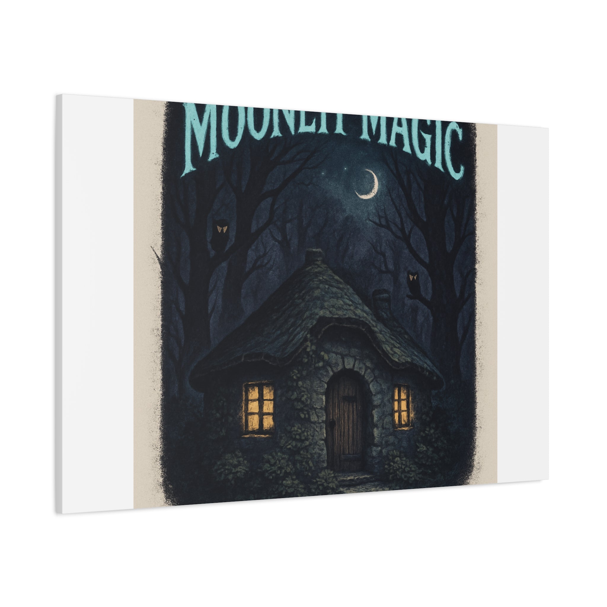Moonlit Magic Canvas Wall Art — Cozy Cottage Night Illustration