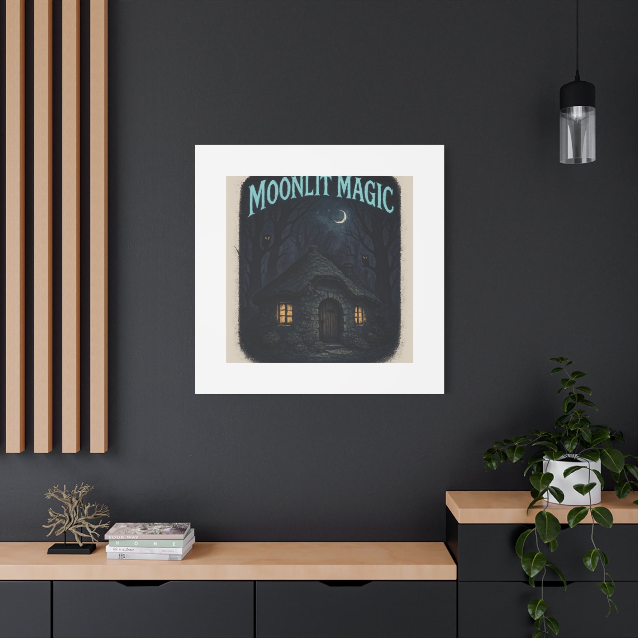 Moonlit Magic Canvas Wall Art — Cozy Cottage Night Illustration
