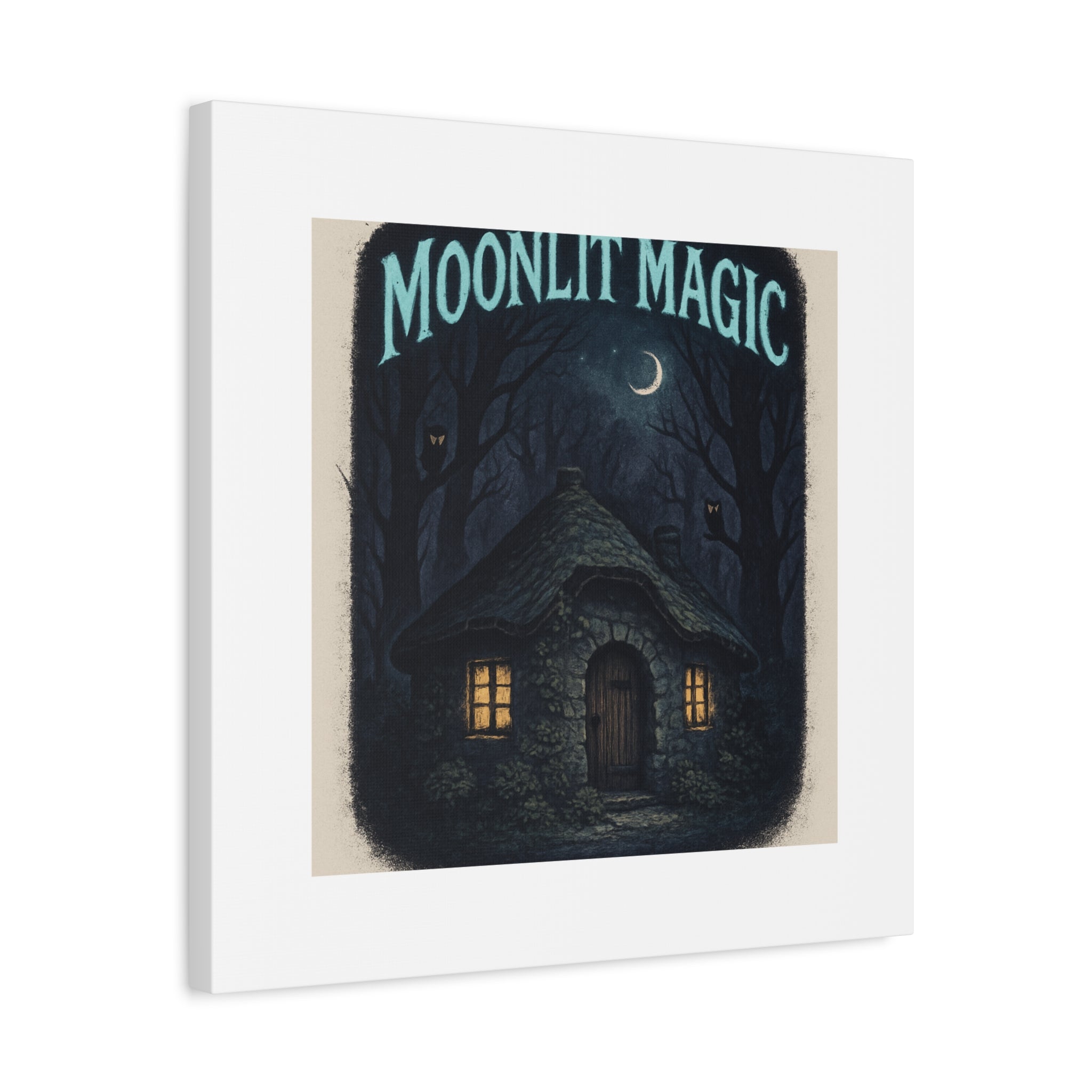 Moonlit Magic Canvas Wall Art — Cozy Cottage Night Illustration
