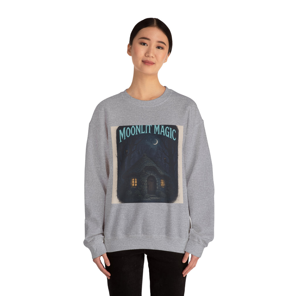 Moonlit Magic Crewneck Sweatshirt — Cozy Nighttime Cottage Graphic