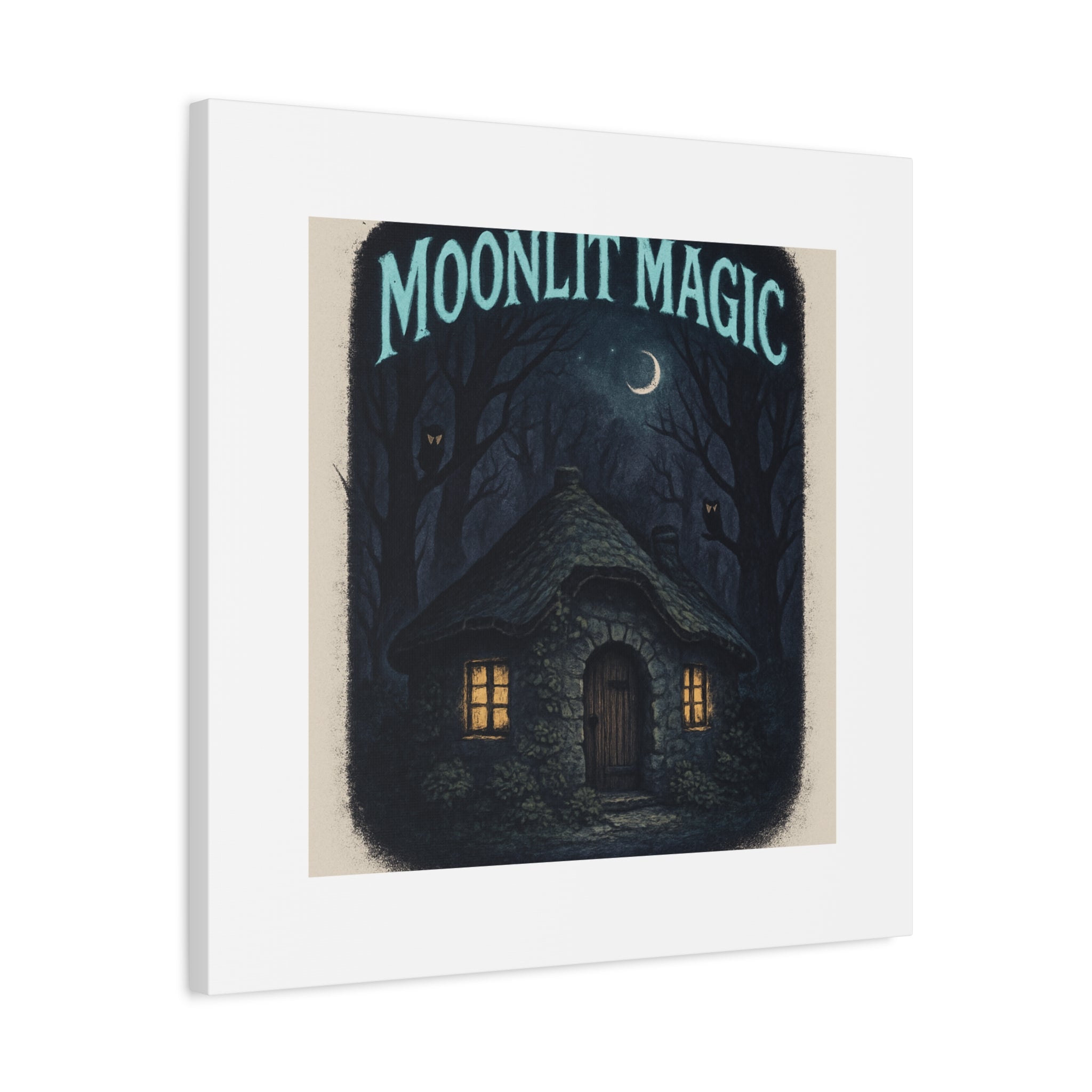 Moonlit Magic Canvas Wall Art — Cozy Cottage Night Illustration
