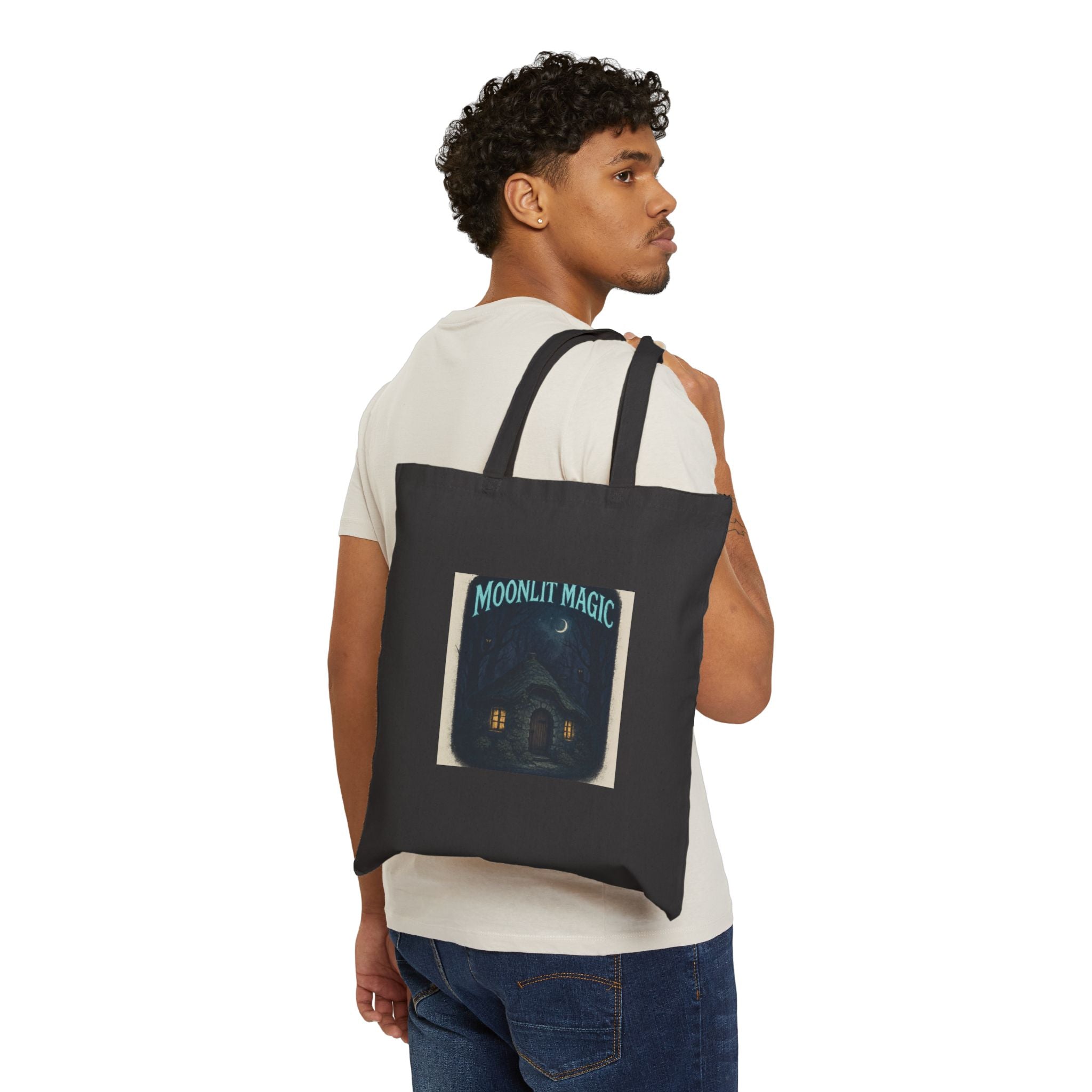Moonlit Magic Canvas Tote Bag - Cozy Night House Illustration
